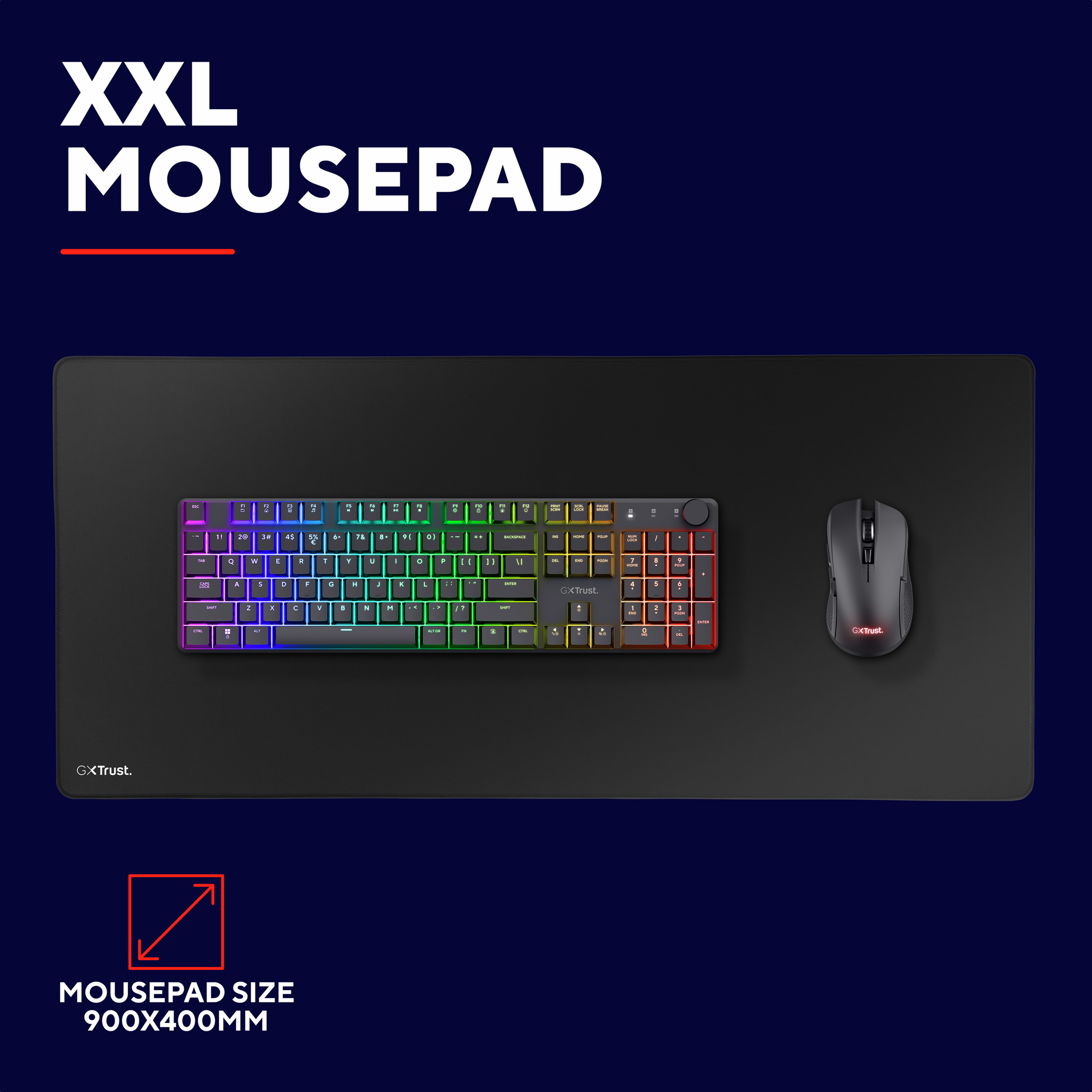Czarna podkładka pod mysz XXL z klawiaturą i myszą. Rozmiar to 900x400mm.