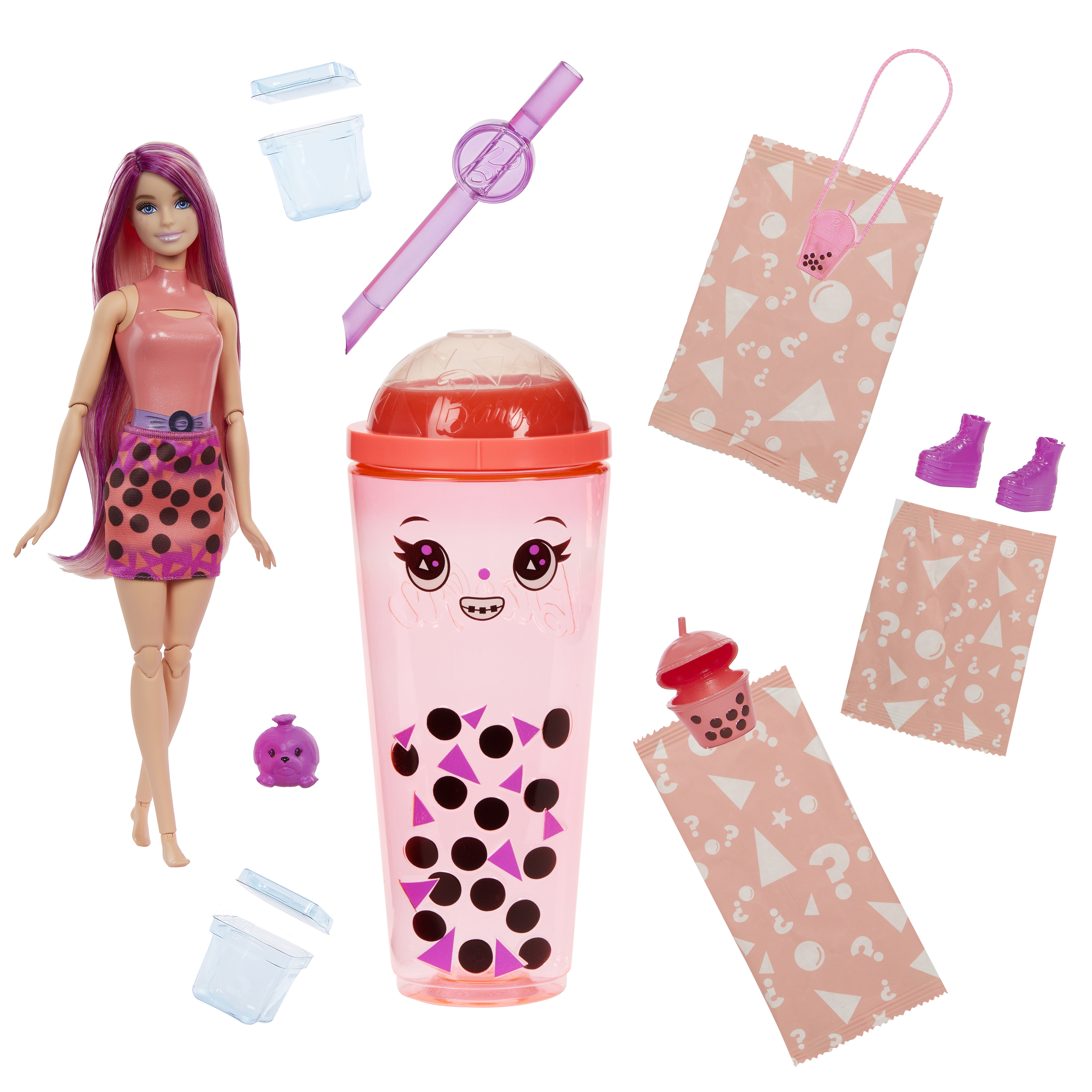 Barbie-Puppe mit Zubehör wie Becher, Taschen und Schuhen, alles rosa.