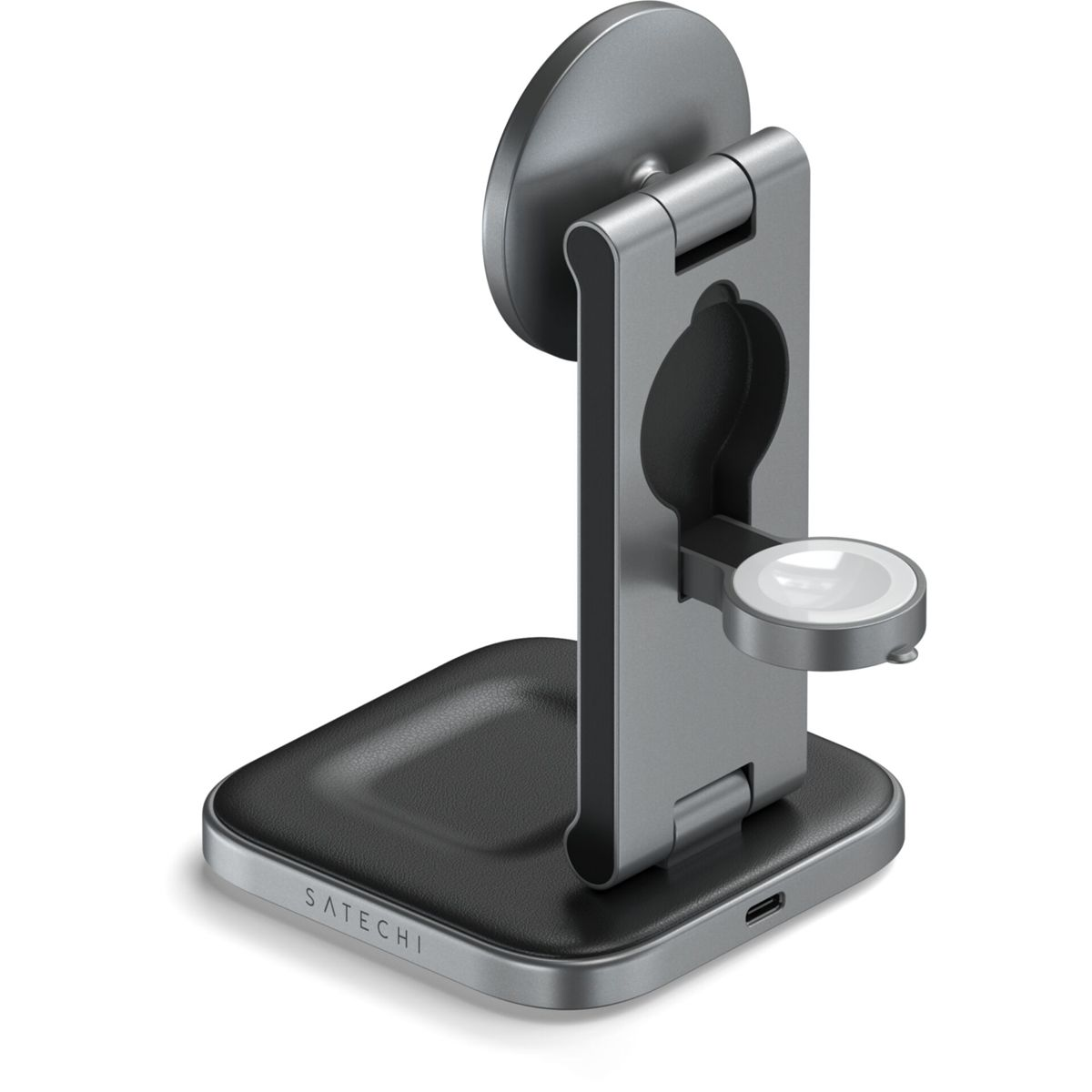 Supporto di ricarica grigio e nero per Apple Watch e telefono.