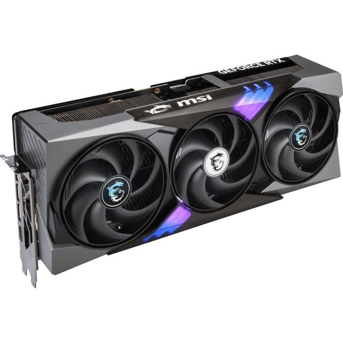 Üç fanlı siyah ve gri grafik kartı. Marka MSI'dır.