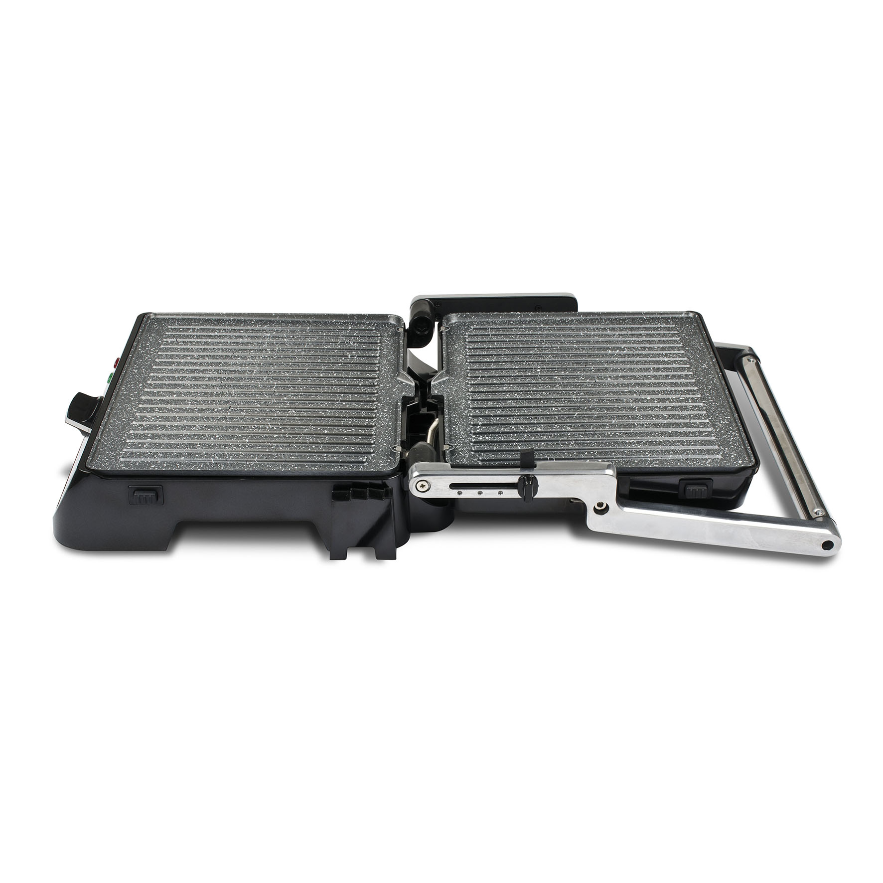 Geöffnete Panini-Presse mit zwei Grillflächen.