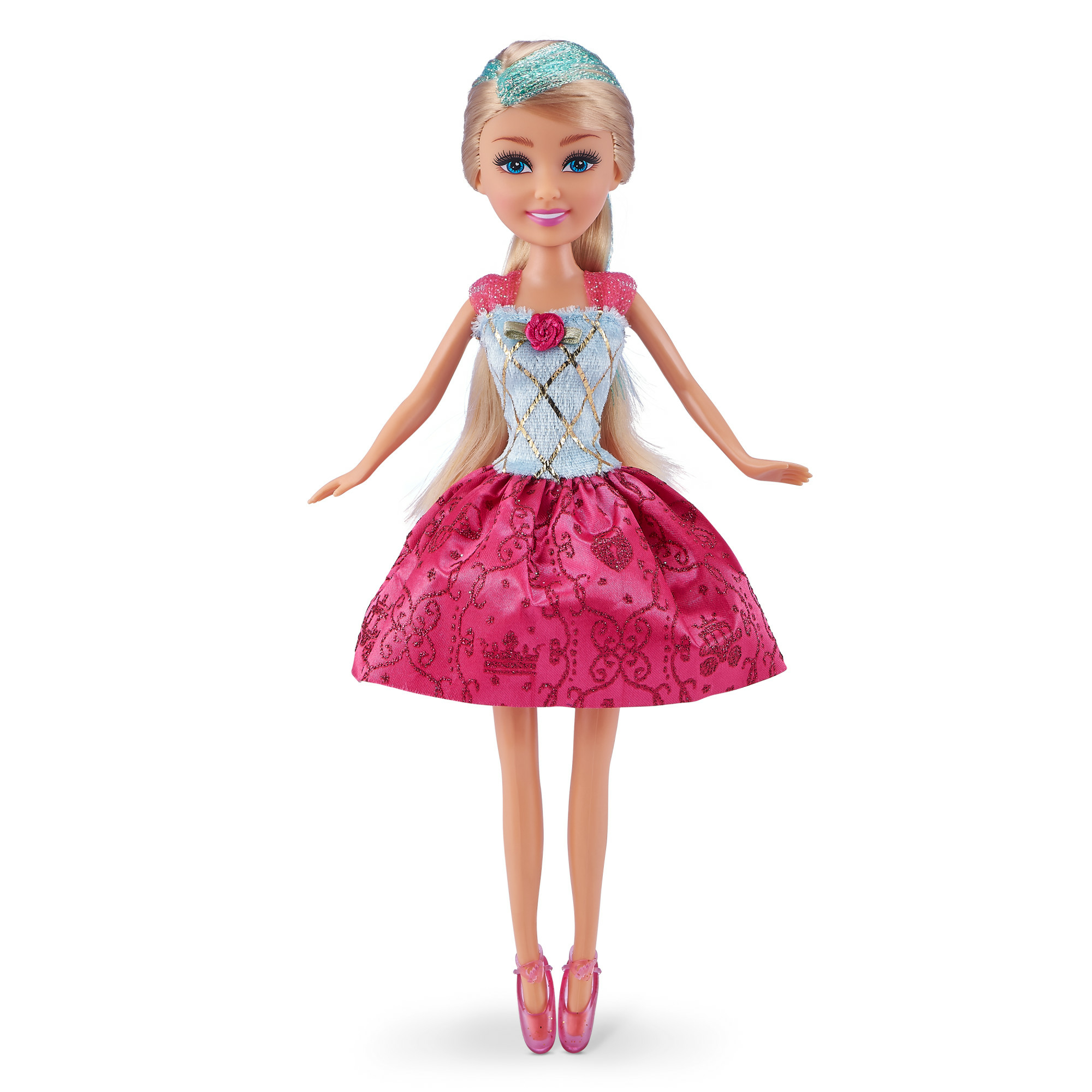 Eine Puppe mit rosa Kleid und rosa Ballettschuhen.
