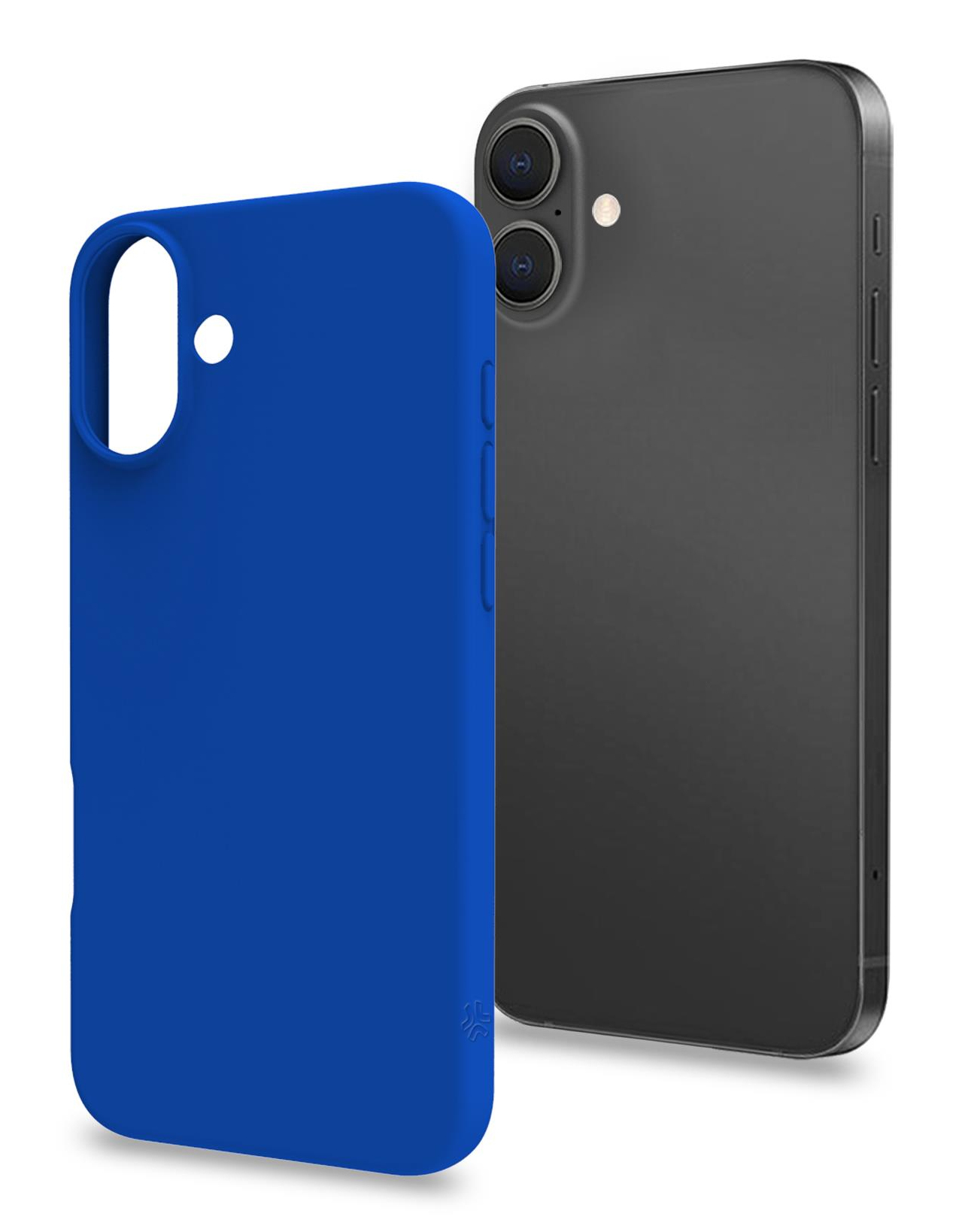 Custodia blu per telefono accanto a uno smartphone nero.