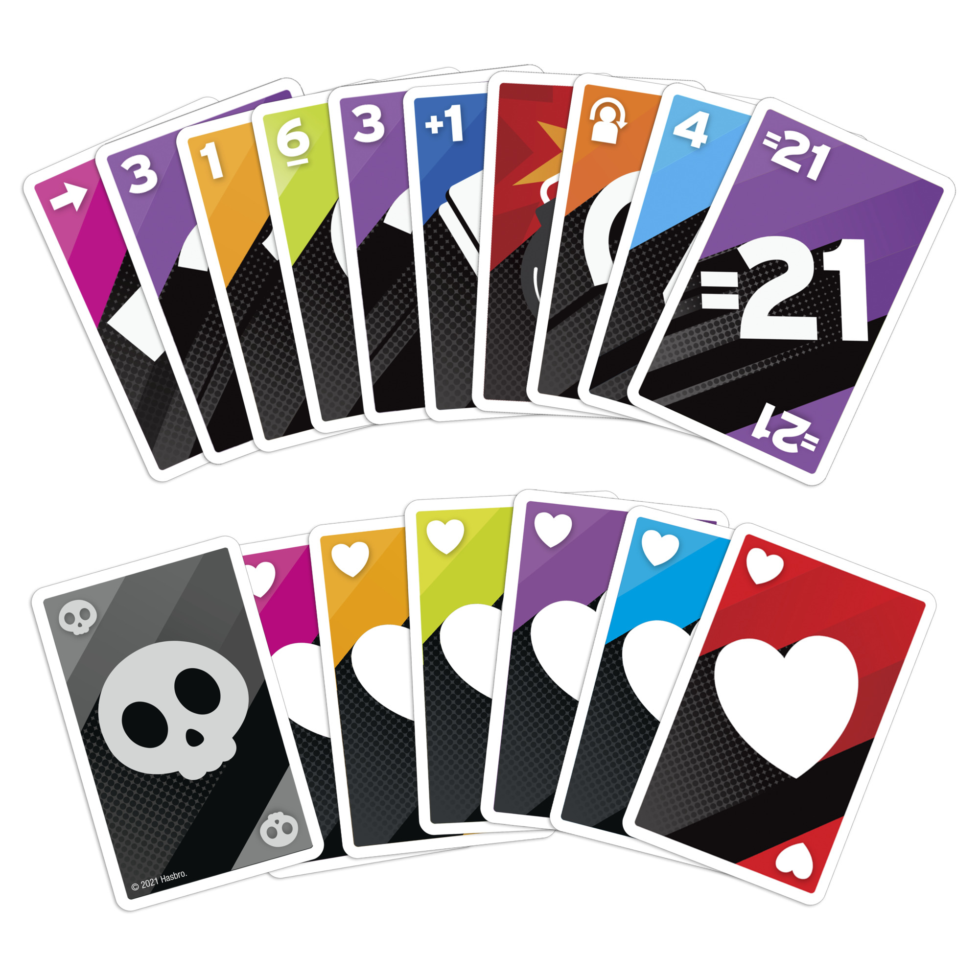 Kartenspiel mit Zahlen und Symbolen, darunter Totenköpfe und Herzen.