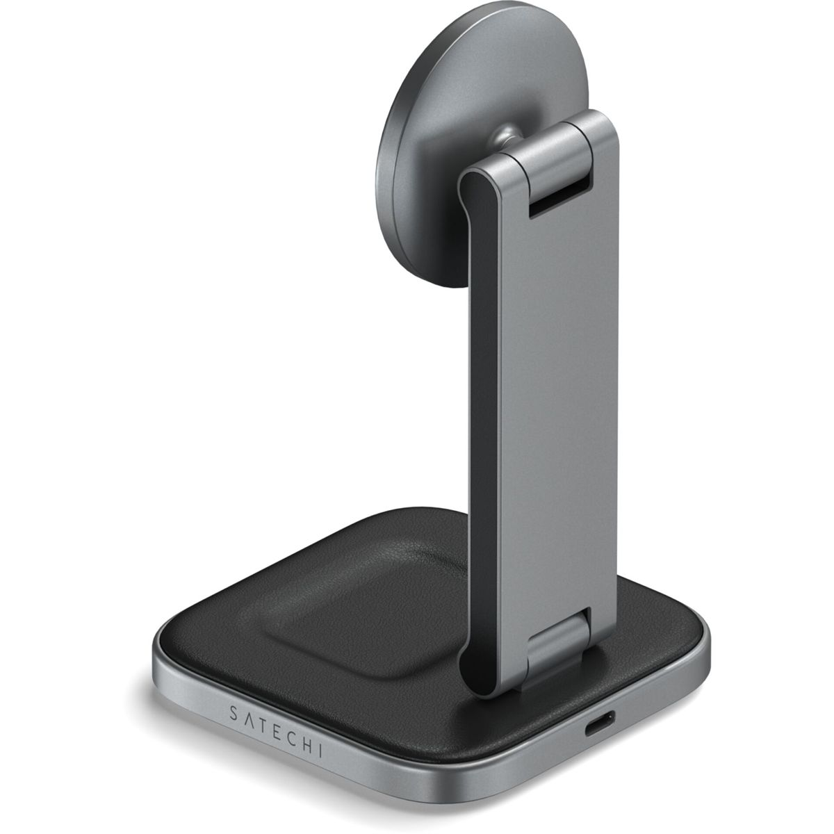 Ein Metall-Telefonständer mit schwarzem Sockel und magnetischer Telefonbefestigung.
