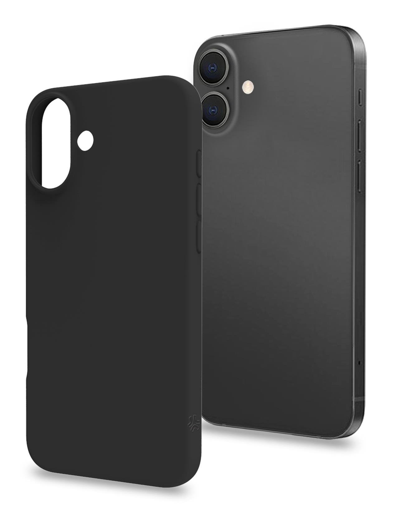 Due custodie nere per iPhone, una sul telefono e una accanto. Il telefono ha due fotocamere.