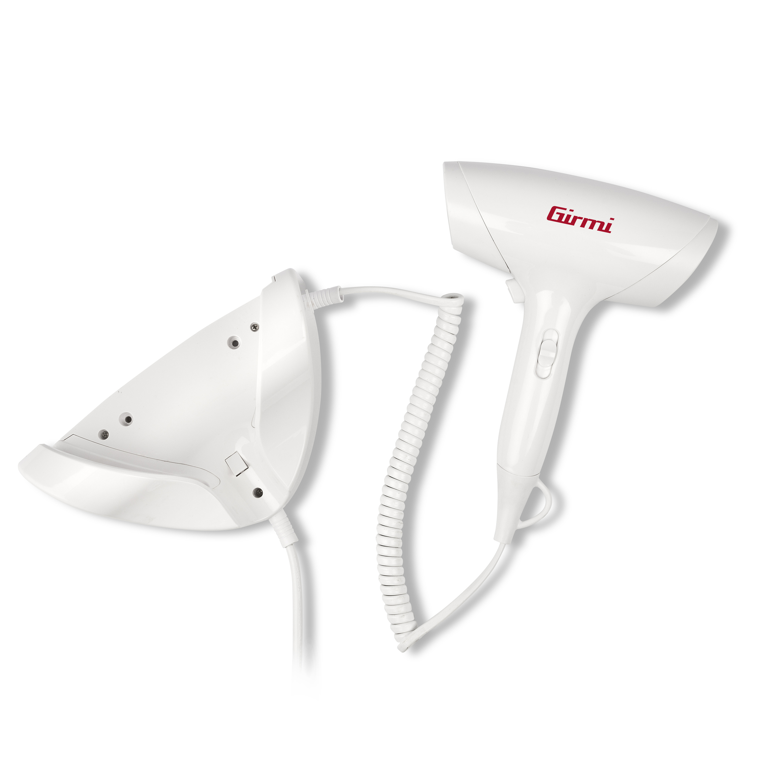 Biała suszarka do włosów i jej stojak ze spiralnym kablem.