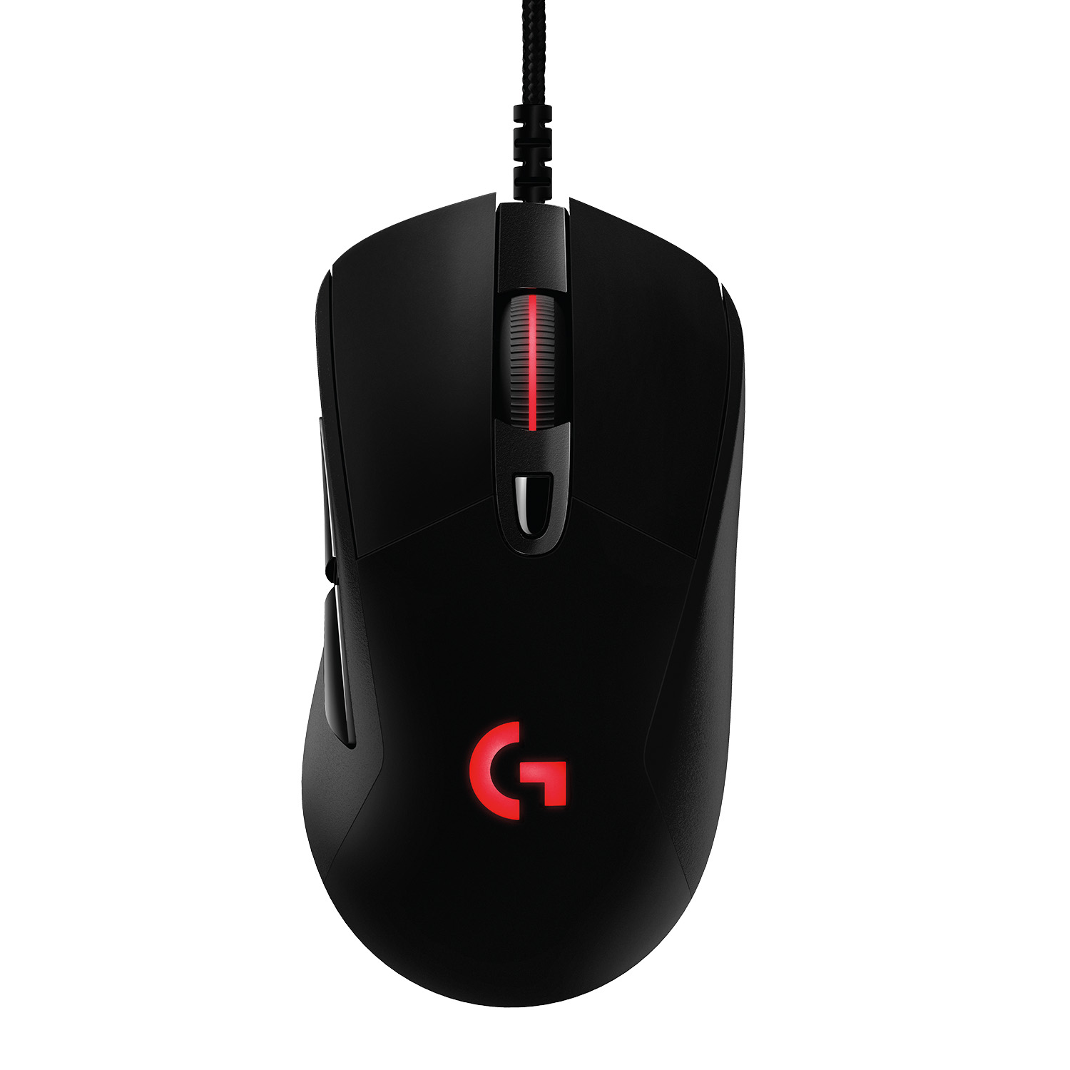 Ratón de computadora negro con logo 'G' rojo iluminado. Tiene rueda y botones laterales.