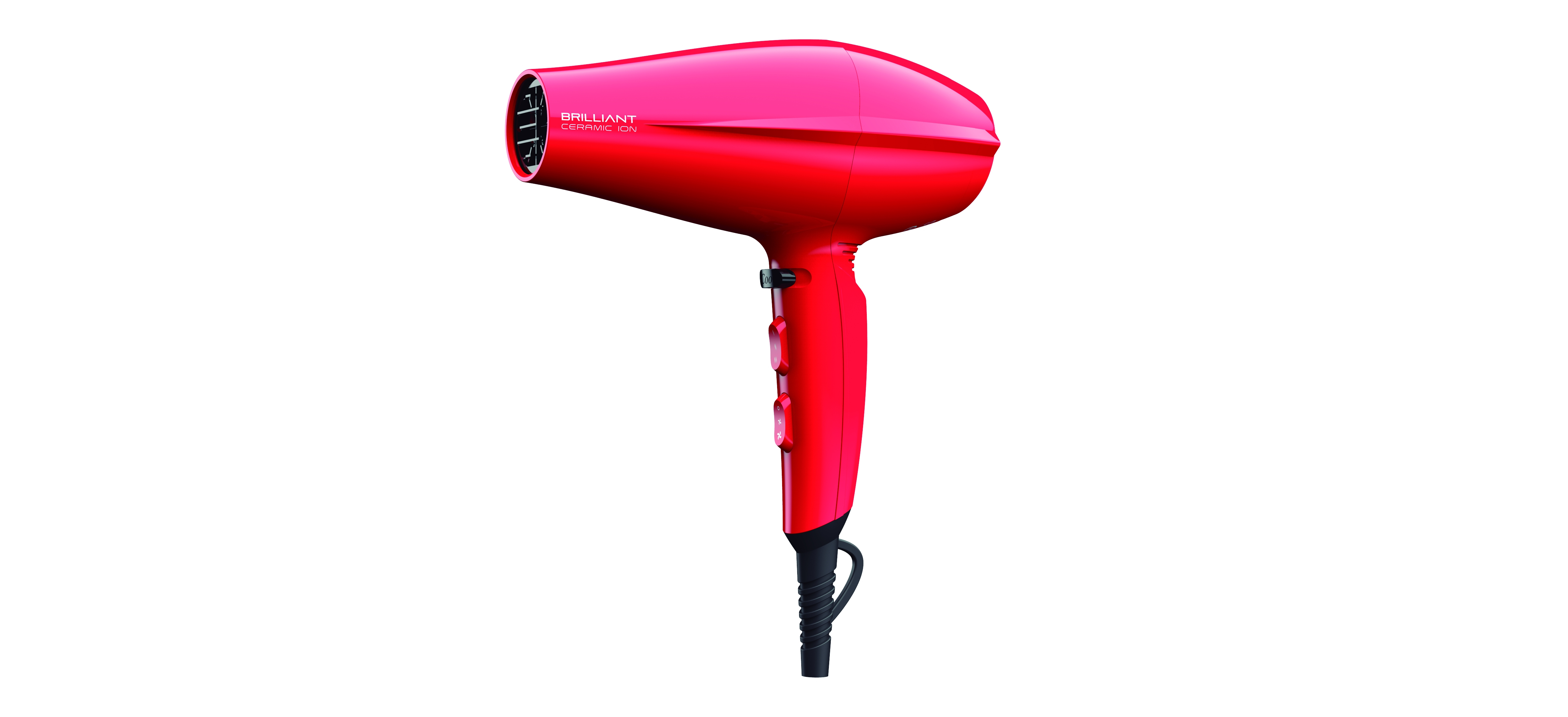 Czerwona suszarka do włosów z czarnym uchwytem na białym tle.