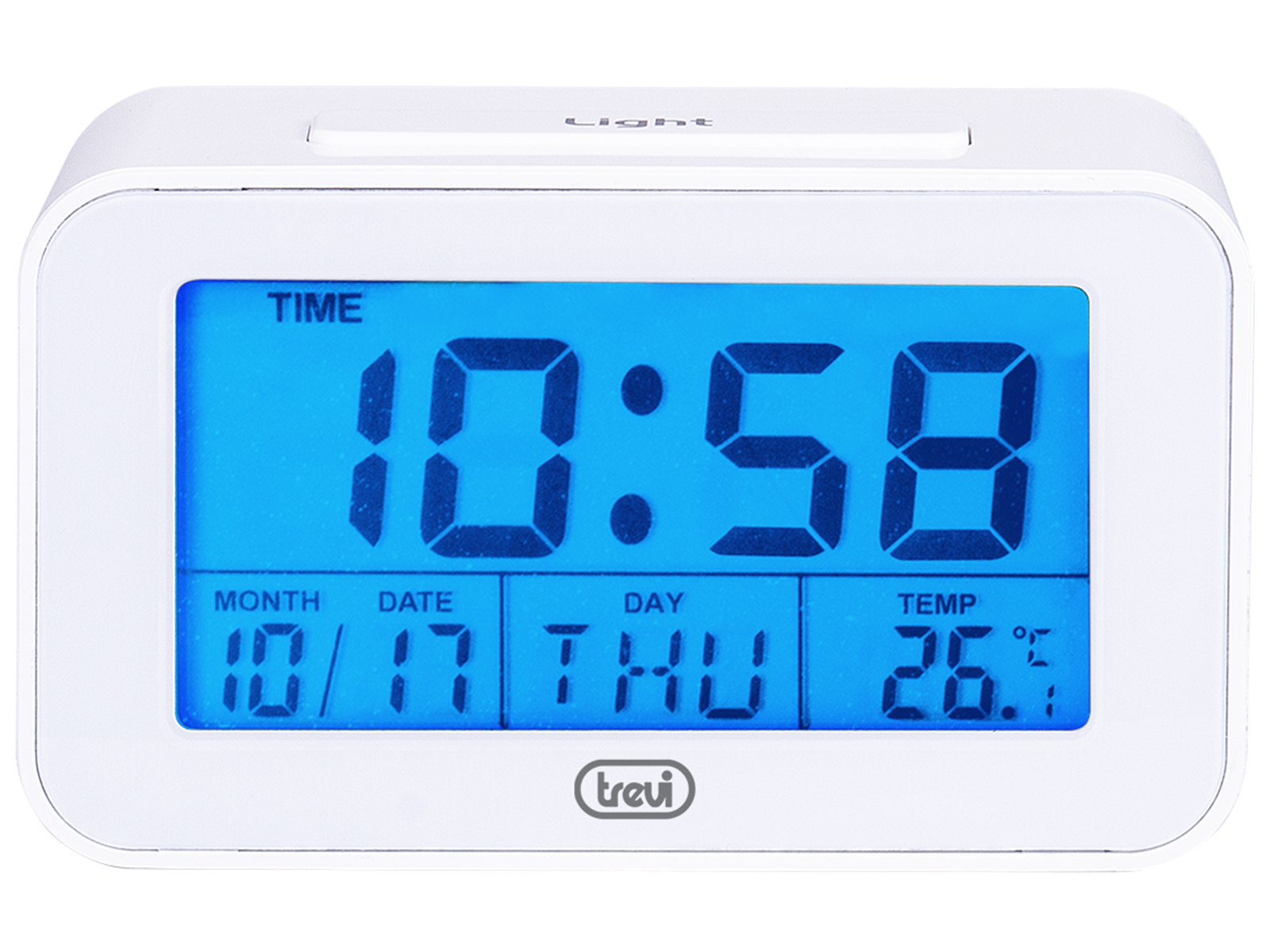 Ein weißer digitaler Wecker mit Anzeige von Uhrzeit, Datum, Tag und Temperatur auf blauem Bildschirm.