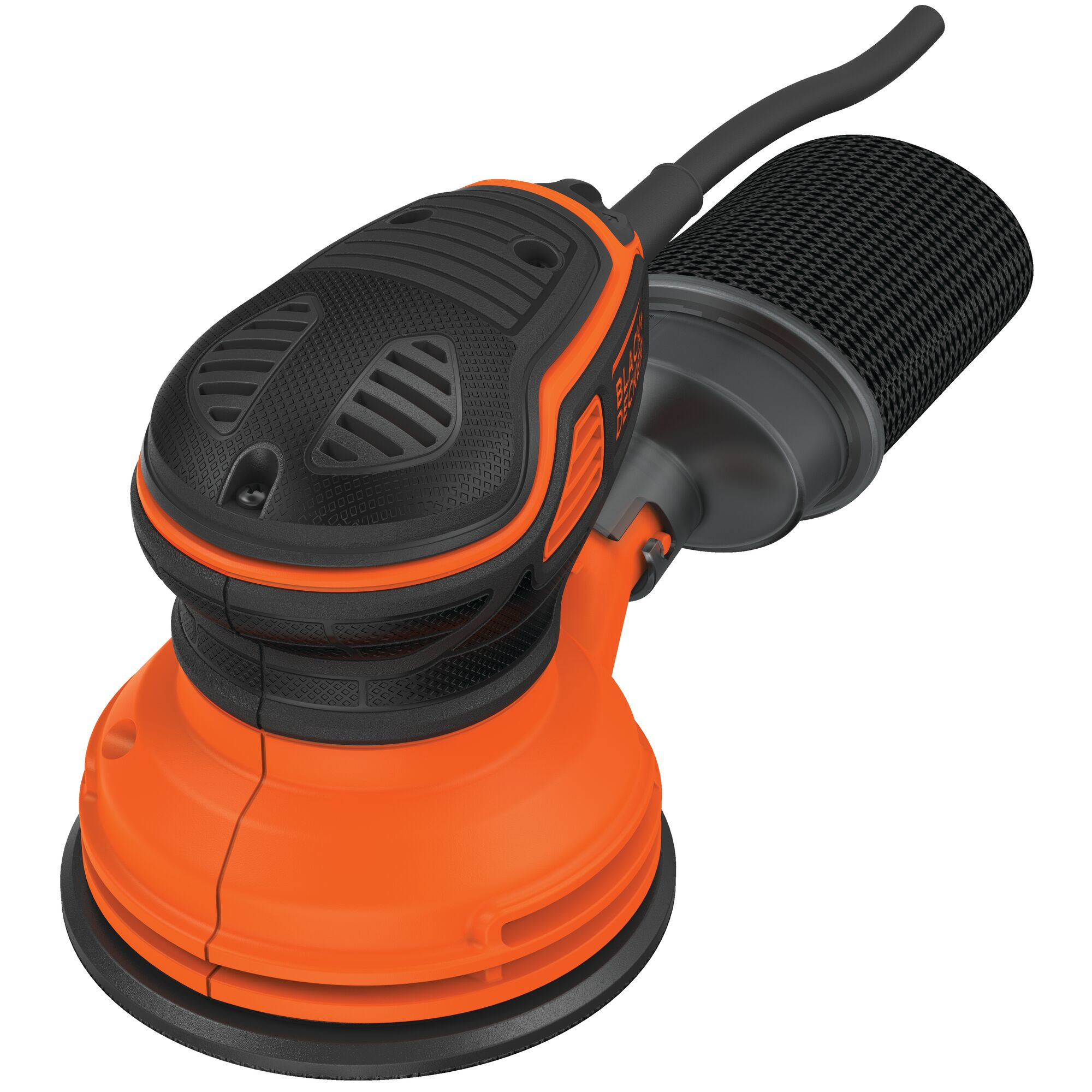 Levigatrice arancione e nera con manico nero. Marchio Black+Decker.