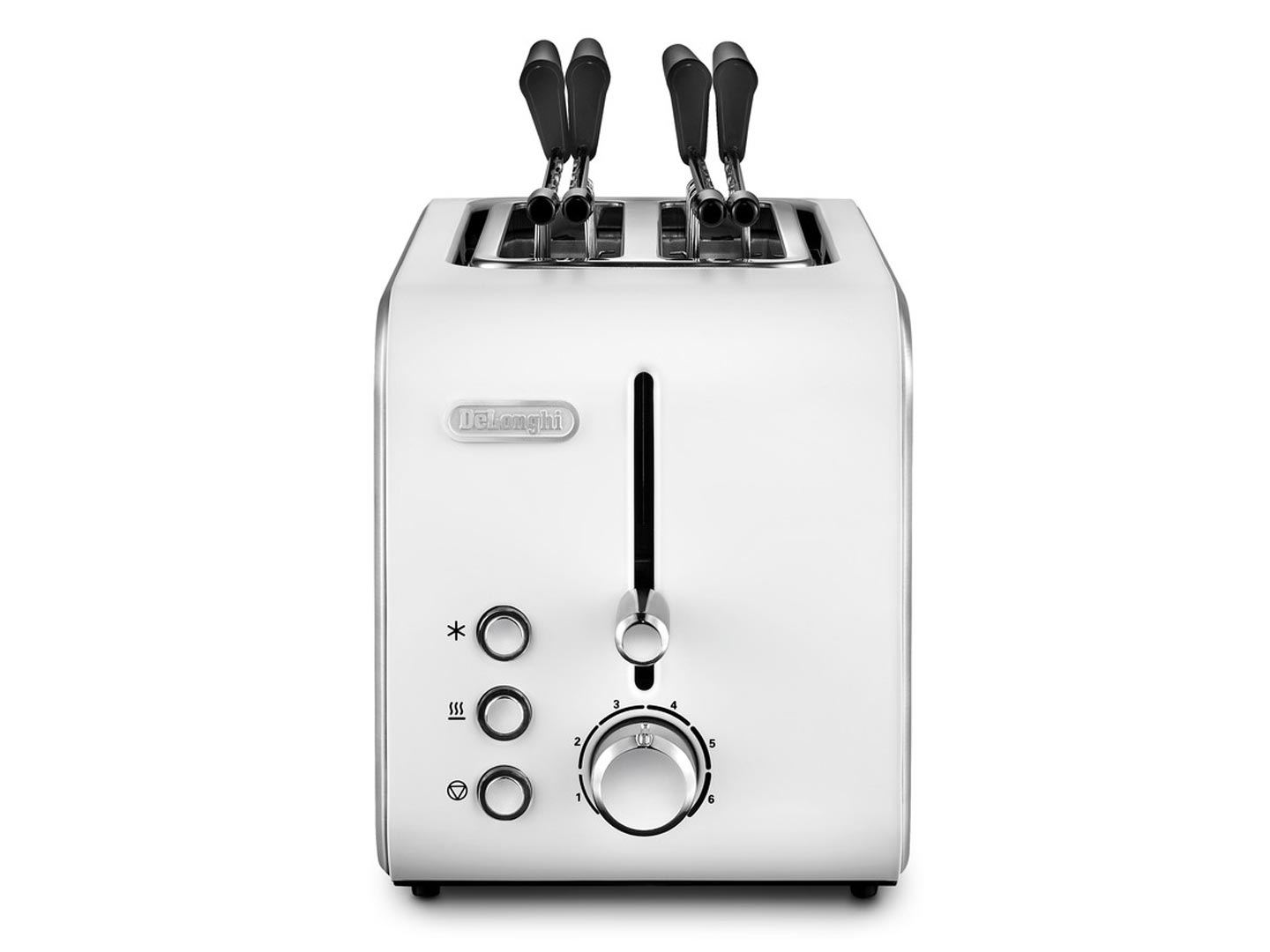 Biały toster z czterema otworami, chromowane detale. Marka DeLonghi.