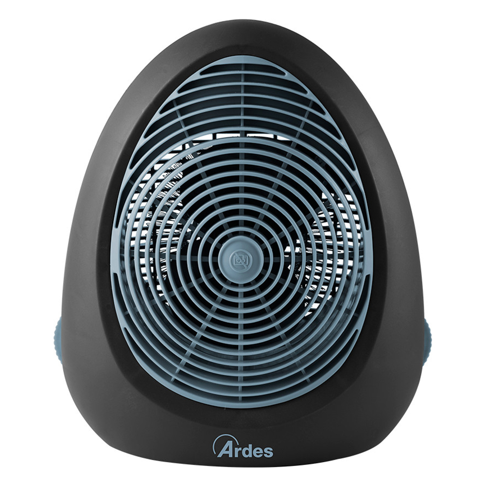 Czarny i szary wentylator o okrągłym kształcie. Widoczna nazwa marki Ardes. Białe tło. Widok z przodu.