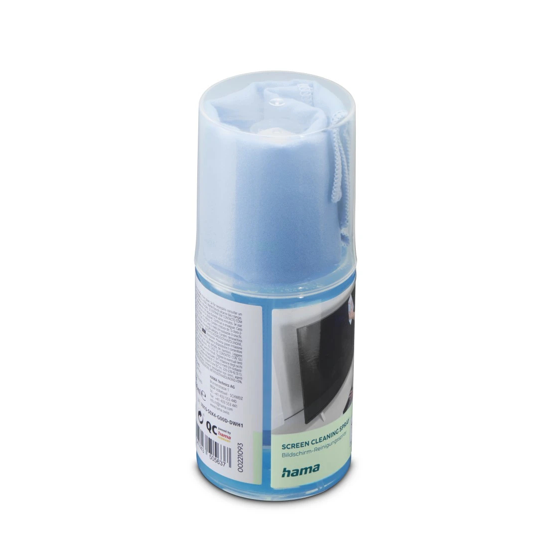 Flacone spray pulisci schermo. Erogatore blu. Sfondo bianco. Testo sulla bottiglia.
