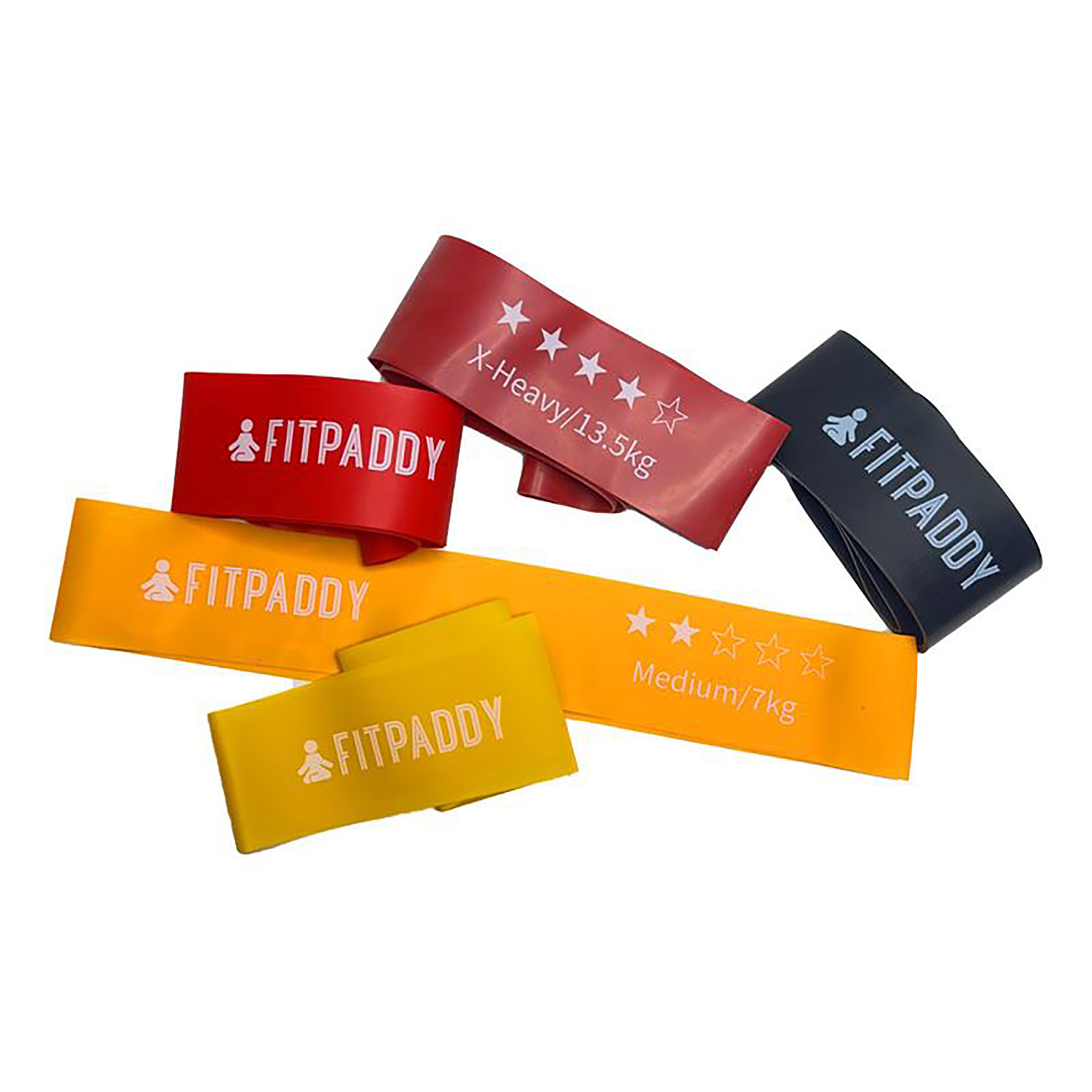 Bandas de resistencia en varios colores. Texto: Fitpaddy y X-Heavy/13,5 kg y Medium/7 kg están escritos en ellas.