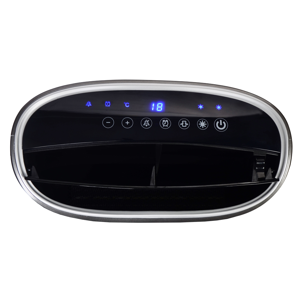 Czarny klimatyzator. Posiada wyświetlacz cyfrowy z napisem '18' i kilka przycisków funkcyjnych.