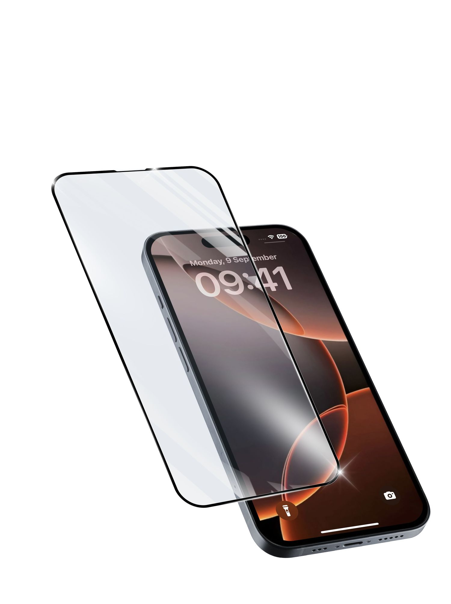 Telefon z nakładanym ochraniaczem ekranu. Telefon pokazuje datę i godzinę.