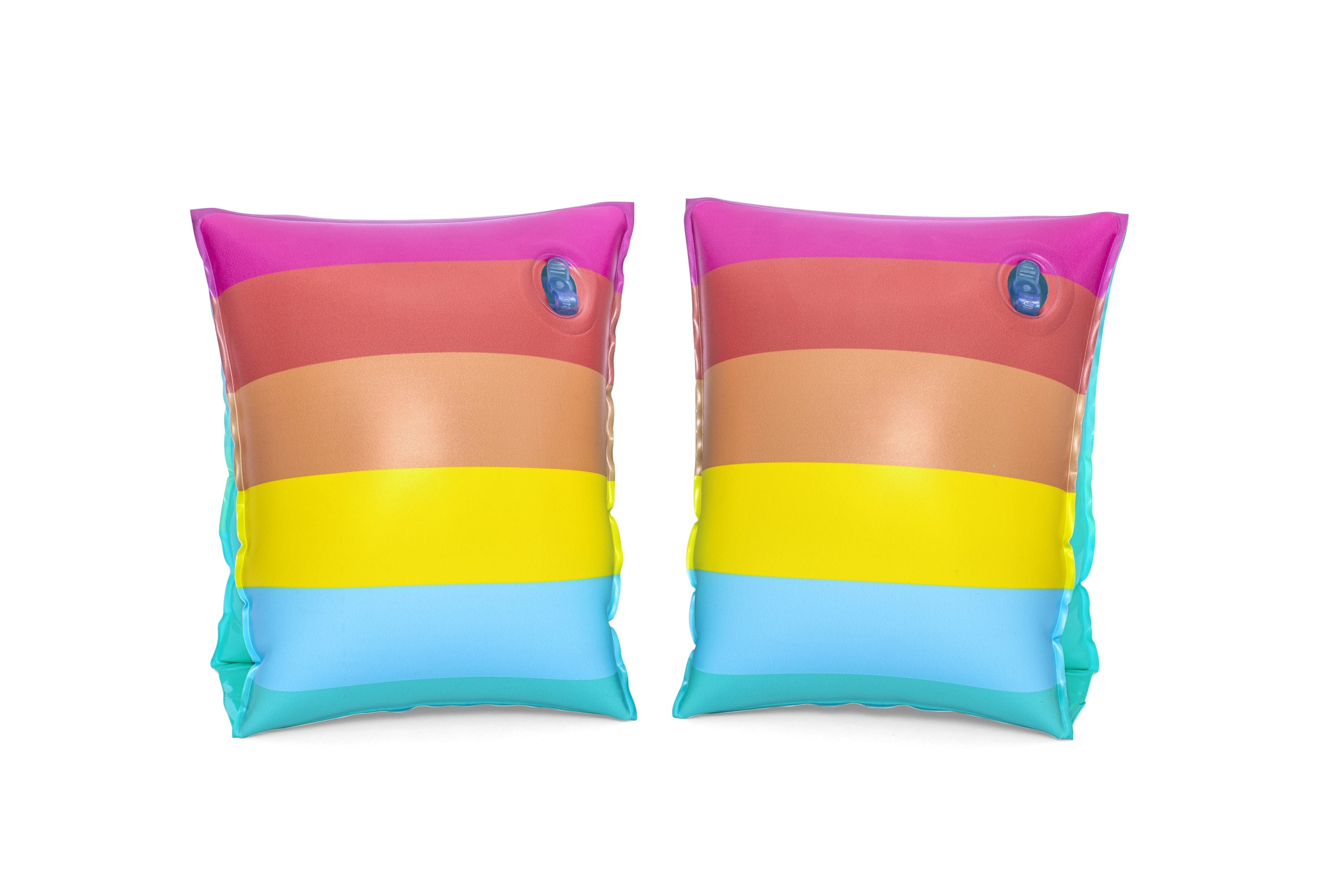 Dos brazaletes inflables. Son coloridos con bandas azules, amarillas, naranjas, rojas y rosas.