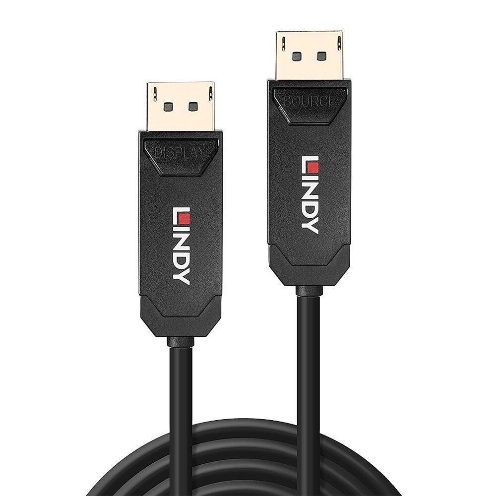 Cavi DisplayPort e USB neri. I cavi hanno il logo Lindy.