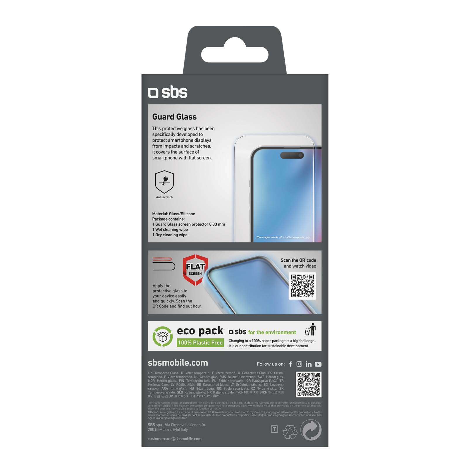Pudełko produktu do ochraniacza ekranu. Ma zdjęcie telefonu, kod QR i logo sbs.