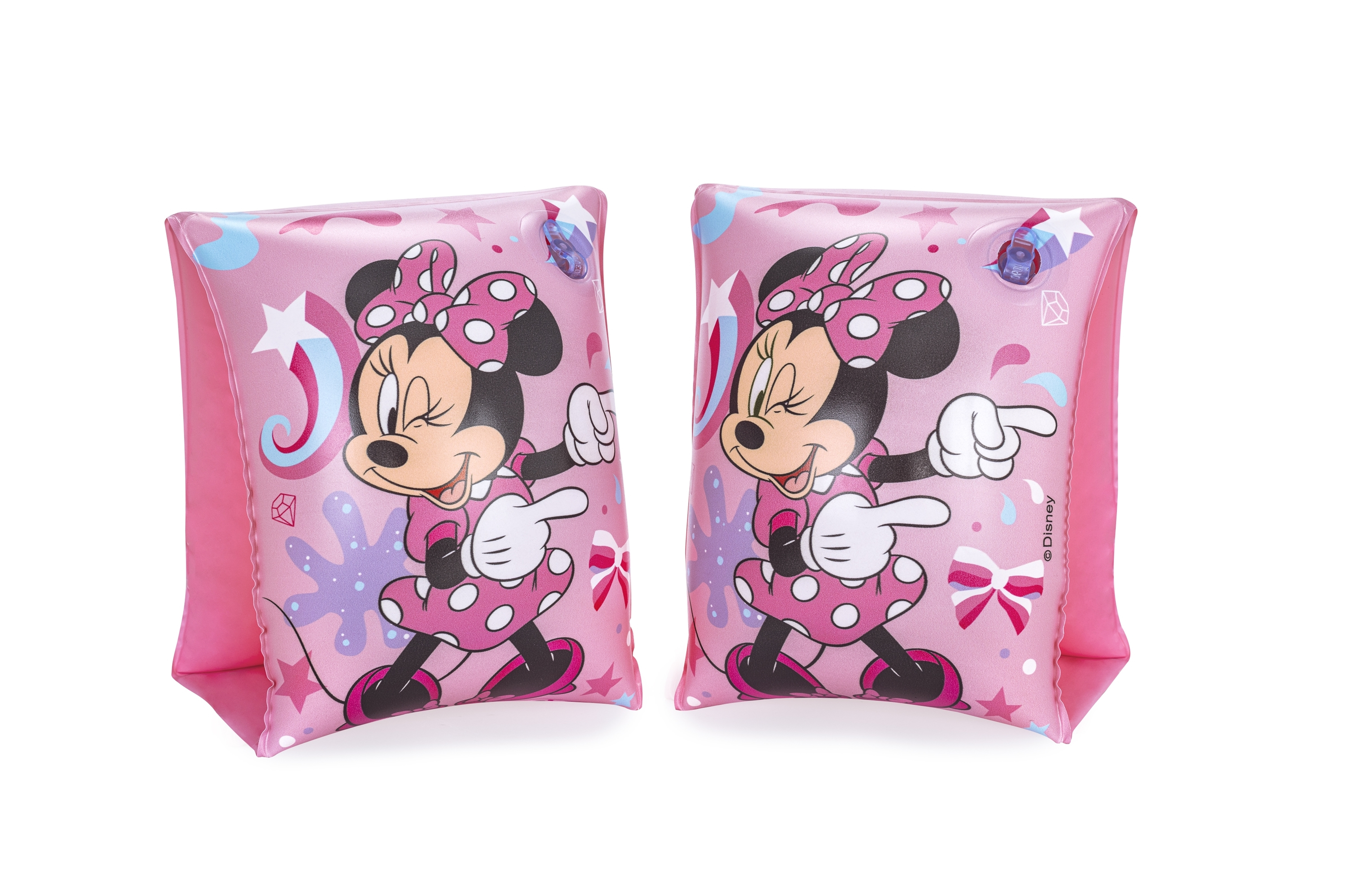 Dos brazaletes rosas de Minnie Mouse. Cada uno presenta a Minnie con un vestido de lunares, señalando. Los adornan estrellas y gemas.