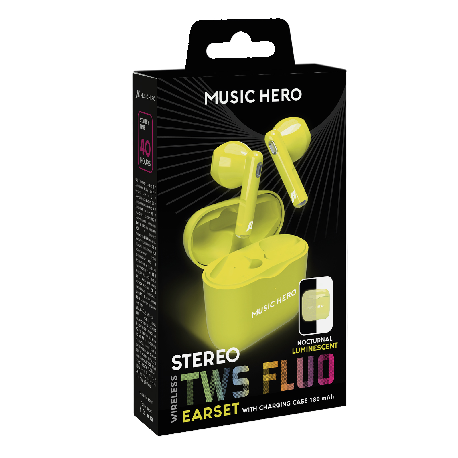 Una scatola di auricolari TWS gialli con un auricolare e una custodia gialli. La scatola dice 'Music Hero' e 'Wireless Earset'.