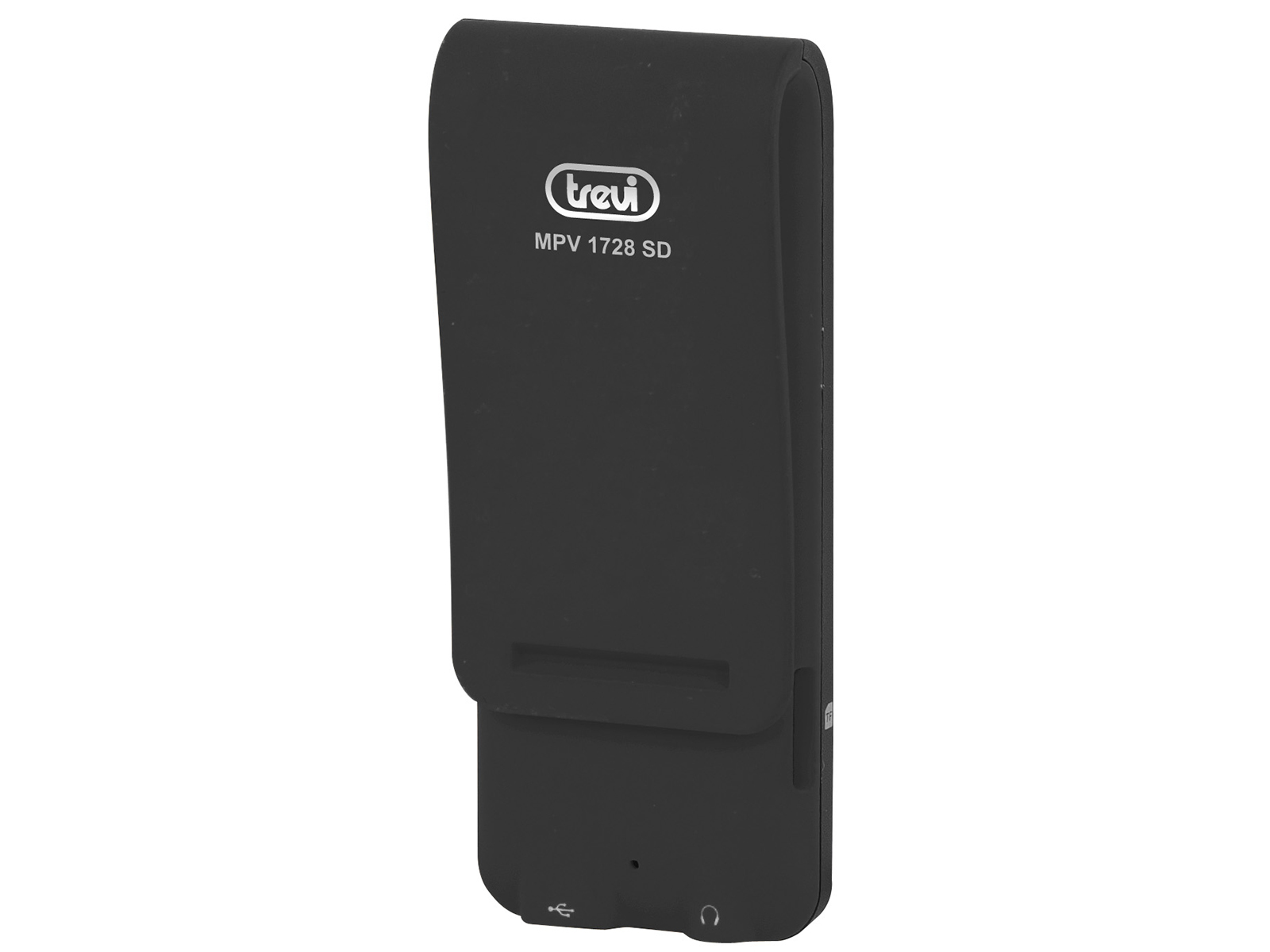 Schwarzer Trevi MPV 1728 SD Player. Der Player ist geschlossen. Weißer Hintergrund.
