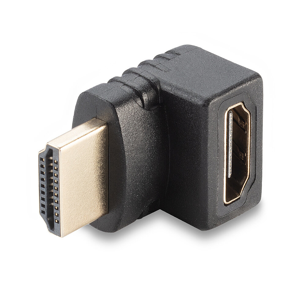 Schwarzer HDMI-Adapter mit vergoldetem Stecker. Der Adapter befindet sich auf weißem Hintergrund.