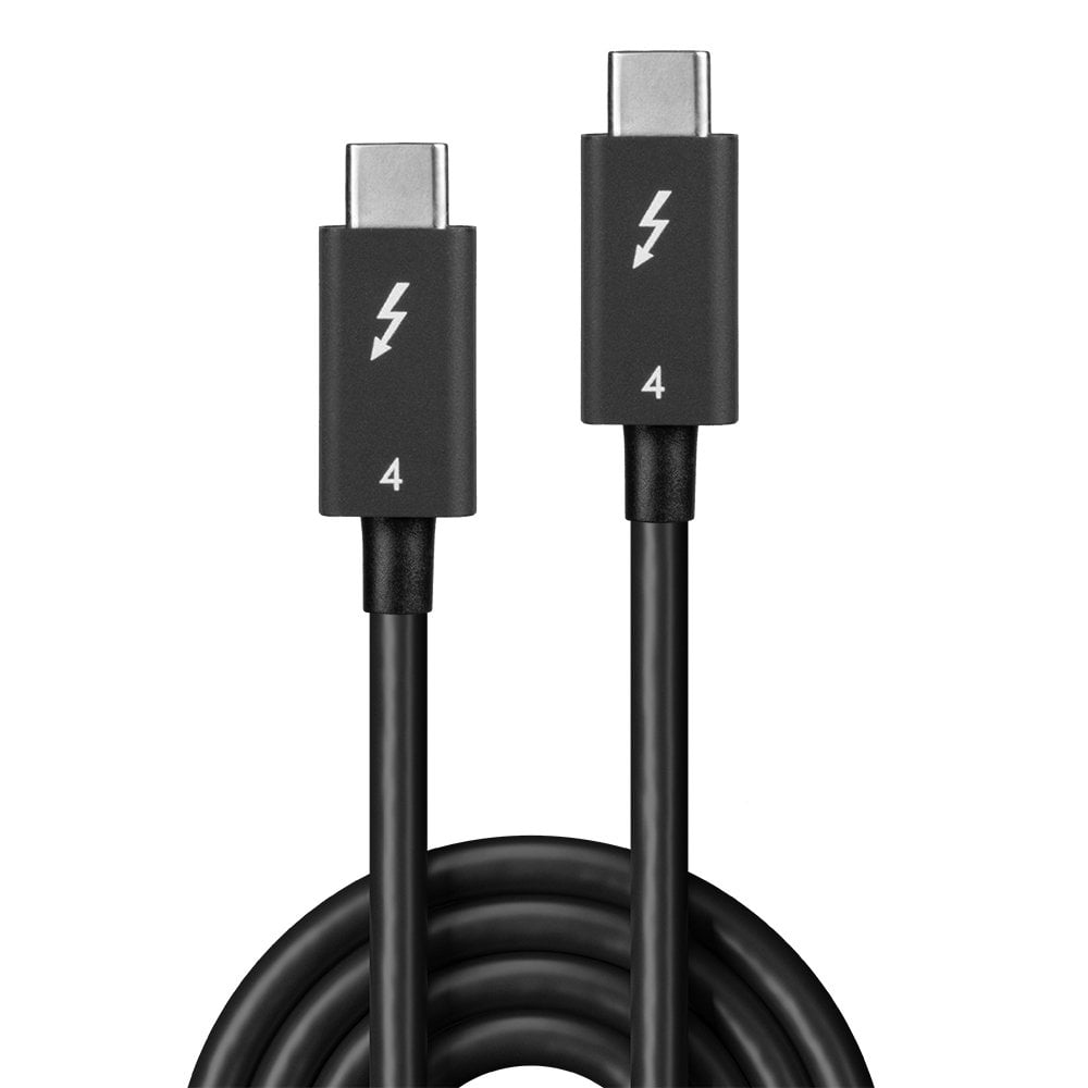 Czarne kable USB-C Thunderbolt 4 z symbolami błyskawicy na złączach.