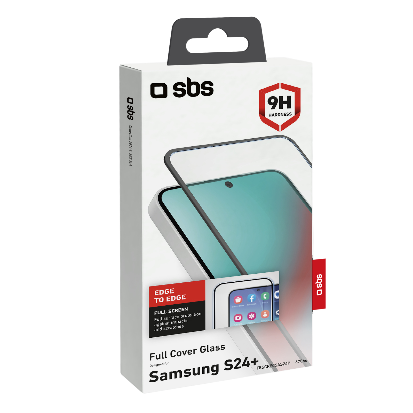 Scatola per proteggi schermo in vetro full cover per Samsung S24+ con copertura edge-to-edge.