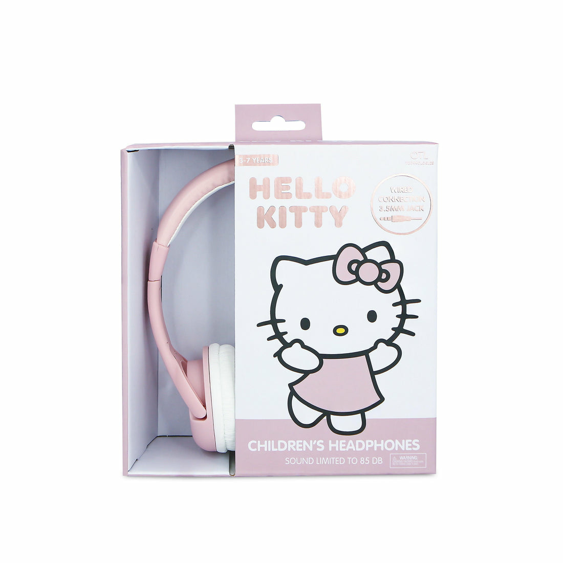 Hello Kitty Kinderkopfhörer in einer rosa Box, mit einem Cartoon-Bild.