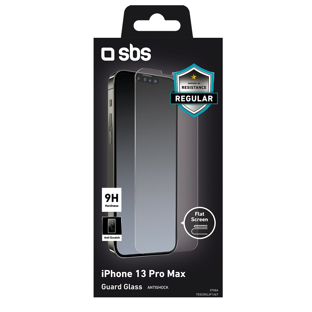 Pudełko z ochraniaczem ekranu iPhone 13 Pro Max, pokazujące funkcje odporności na zarysowania i twardości 9H.