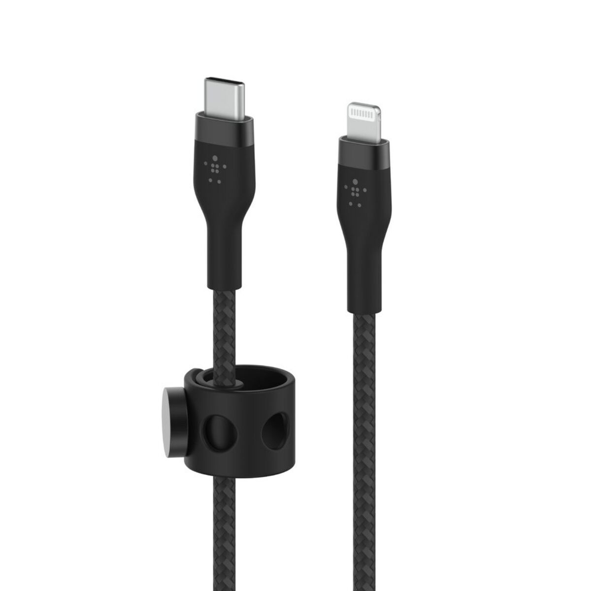 Câble USB-C vers Lightning avec un organisateur de câble noir, noir et gris.