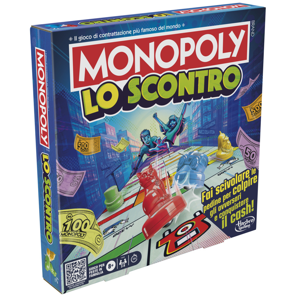 Monopoly-Brettspielbox. Bunt, mit Spielfiguren und Charakteren. Text enthält 'Monopoly Lo Scontro'.