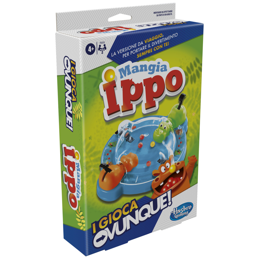 Box für das Brettspiel 'Mangia Ippo'. Mit grünem und blauem Hintergrund. Nilpferde sind abgebildet.