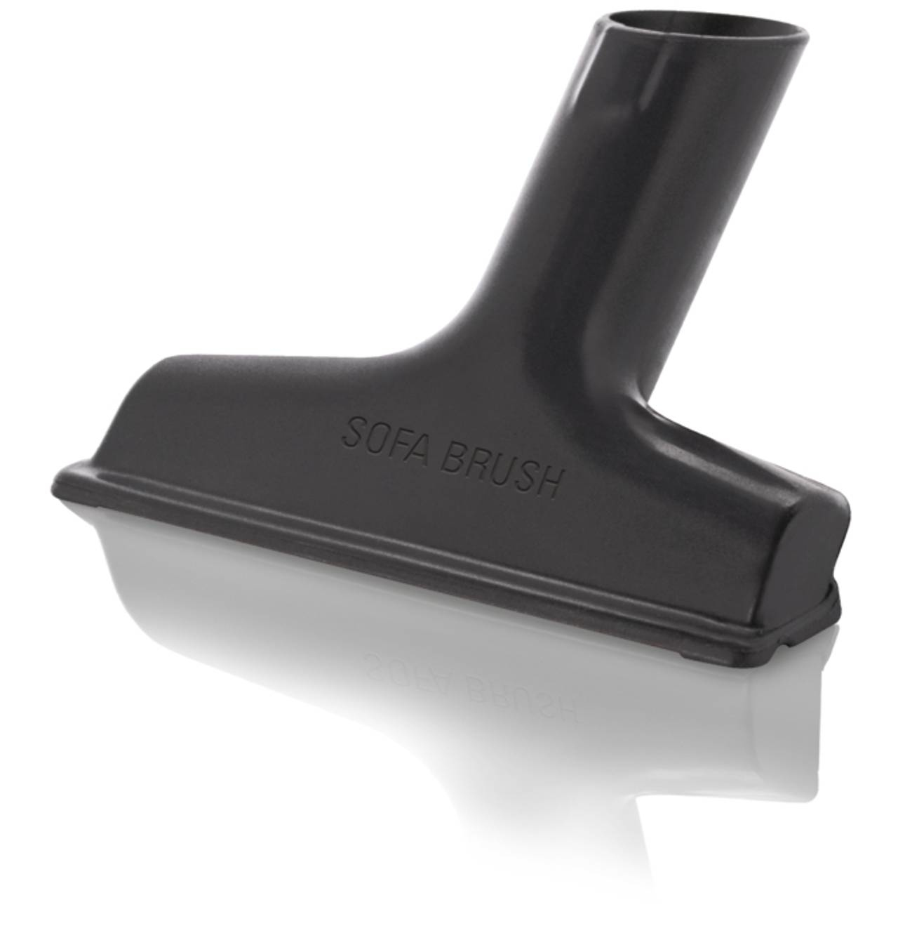 Czarna nakładka do szczotki do sofy z odbiciem. Tekst: SOFA BRUSH.