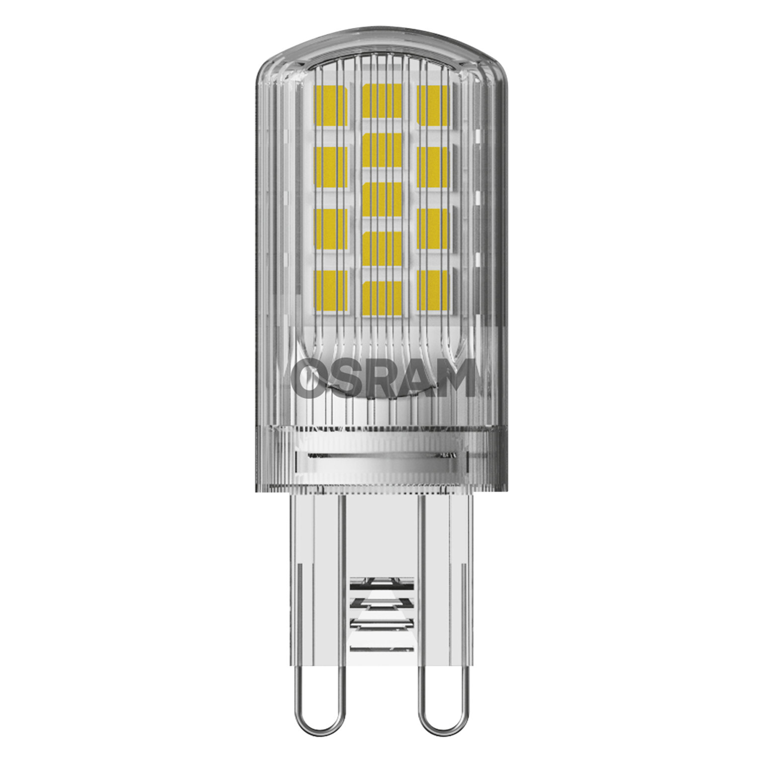 Eine durchsichtige LED-Glühbirne mit gelbem Innenraum. Die Birne ist rechteckig mit zwei Pins.