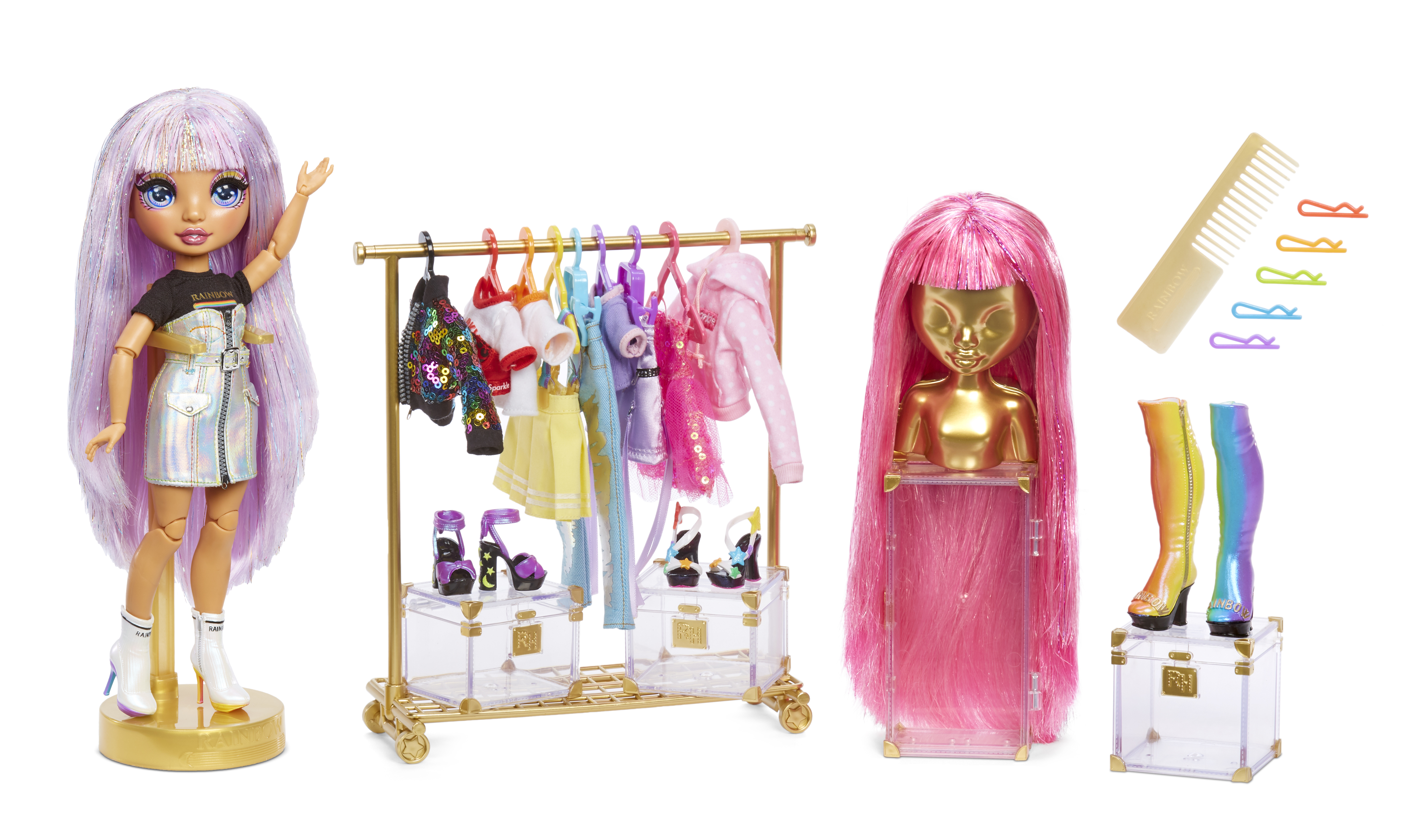 Muñeca Rainbow High con accesorios: perchero, peluca extra, zapatos y horquillas.