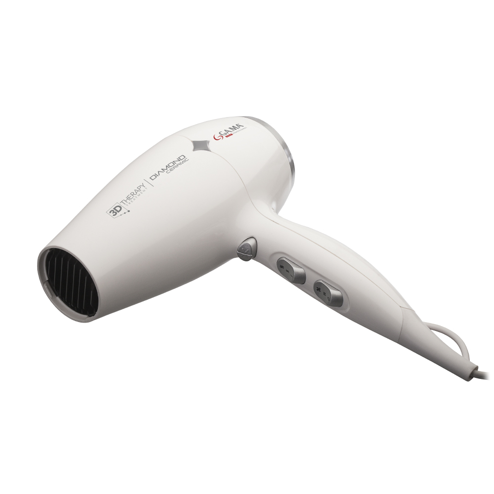 Biała suszarka do włosów z czarnym wentylatorem i przyciskami. Napis: 3D Therapy Diamond Ceramic.