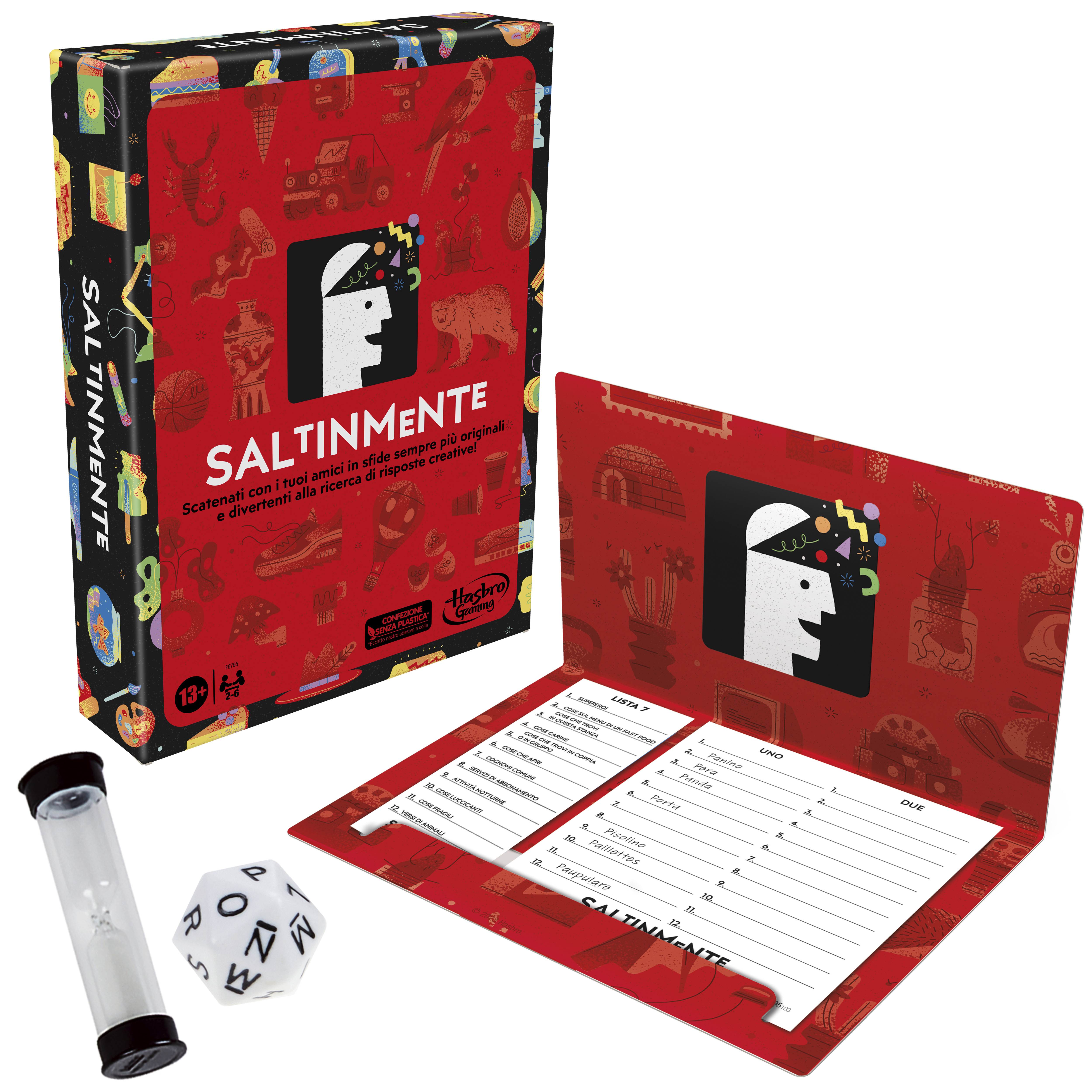 Saltinmente Brettspielbox und Komponenten: Würfel, Sanduhr und Spielheft.