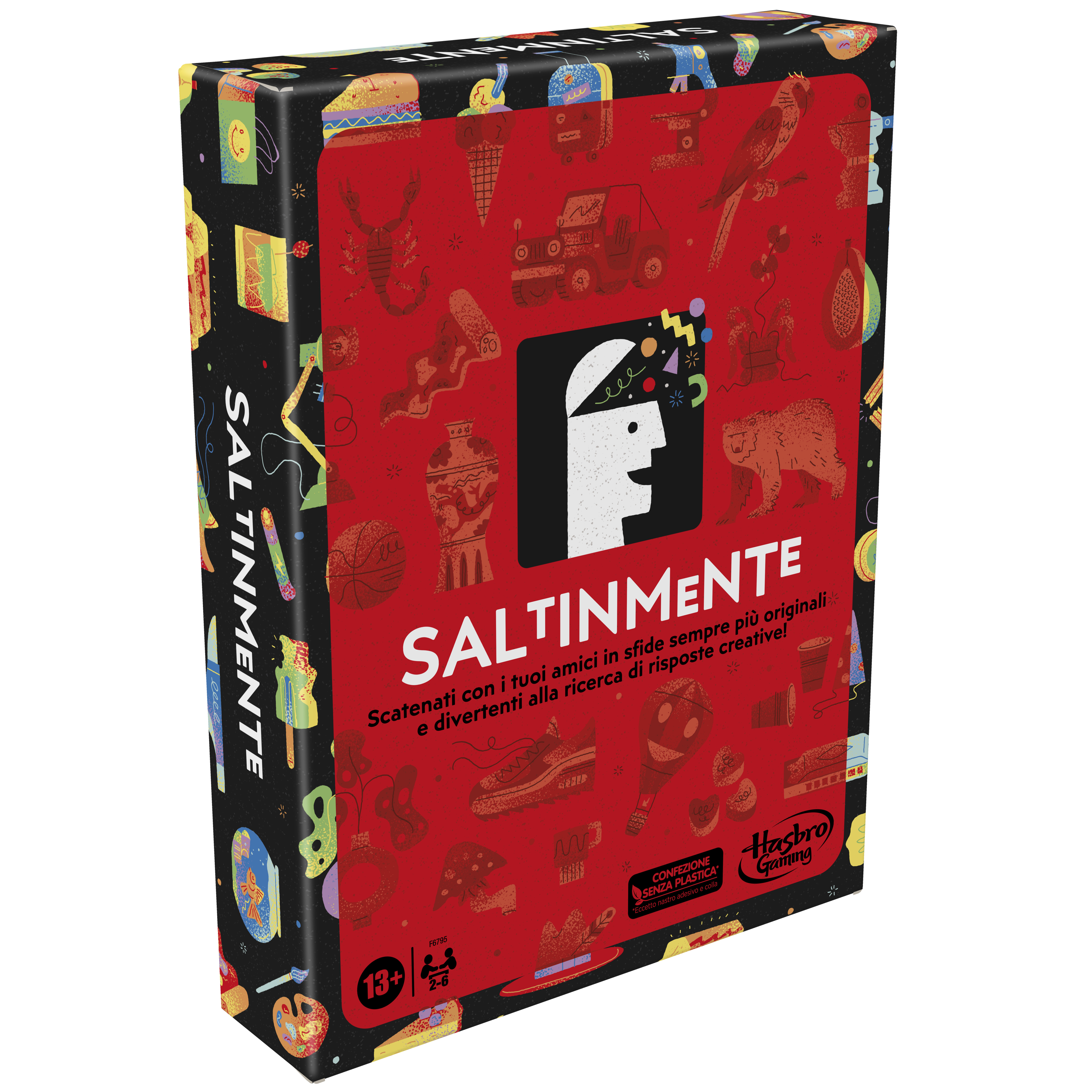 Eine bunte Spielbox namens 'SALTINMENTE' mit verschiedenen Illustrationen. Es steht 'Fordere deine Freunde heraus'.
