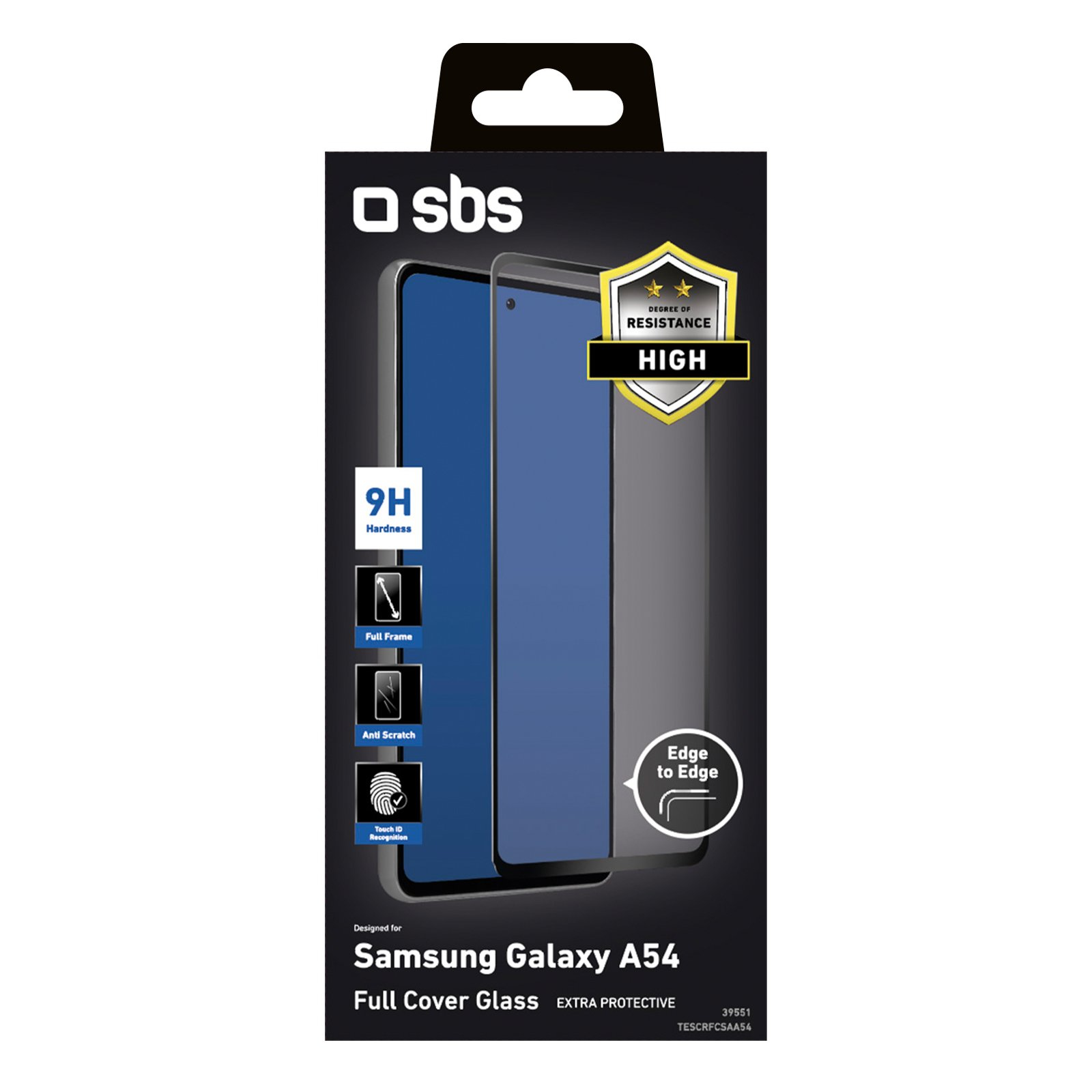 Opakowanie na ochraniacz ekranu Samsung Galaxy A54. Ma twardość 9H i pokrycie od krawędzi do krawędzi.