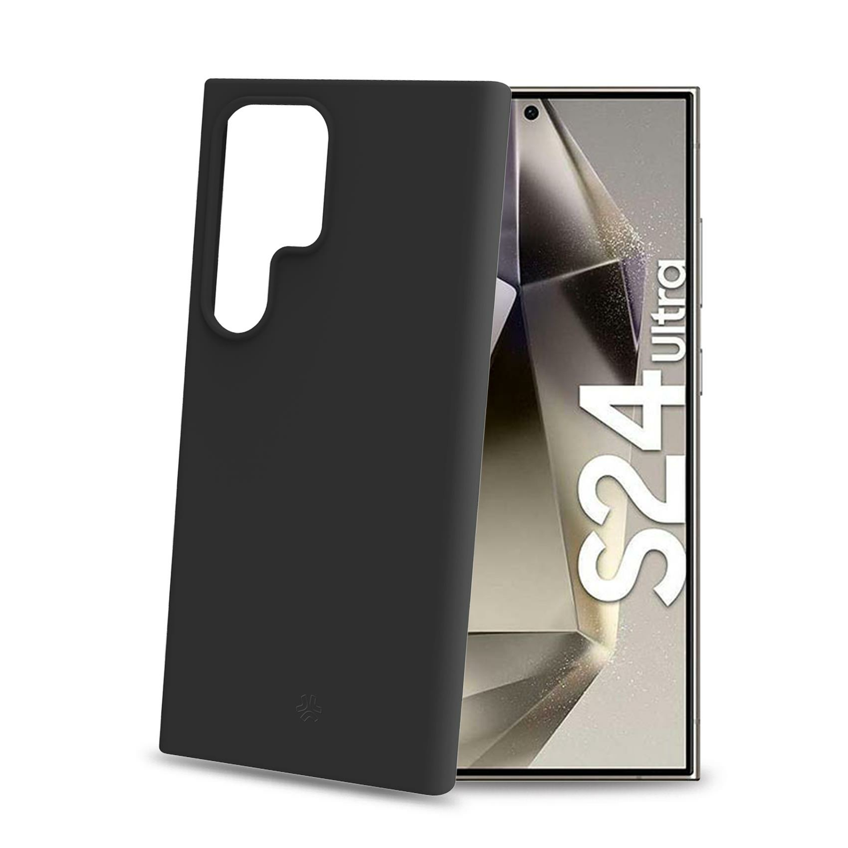 Schwarze Handyhülle neben einem Handy mit der Aufschrift 'S24 Ultra' auf weißem Hintergrund.