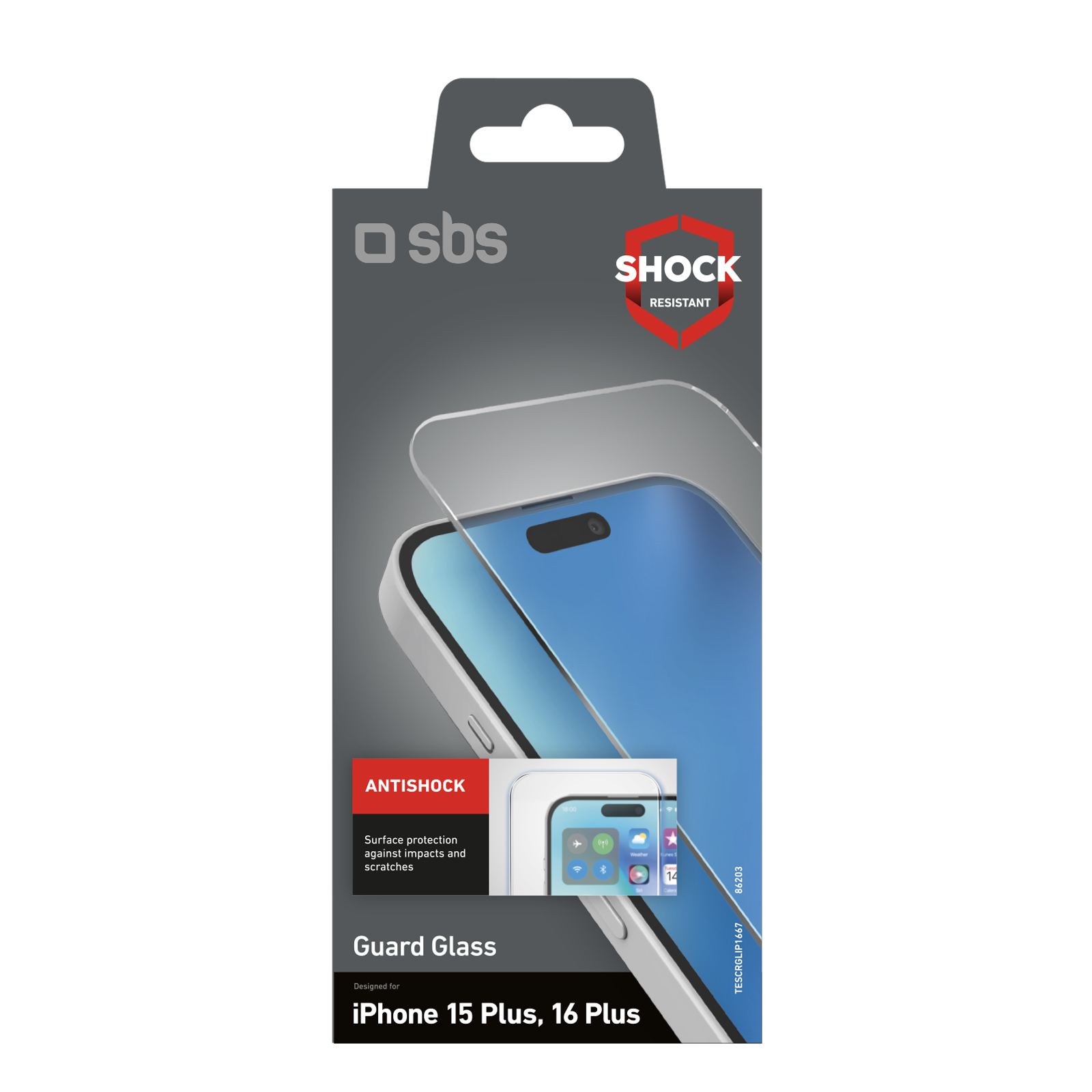 Una confezione per un proteggi schermo Guard Glass per iPhone 15 Plus, 16 Plus. È antiurto.