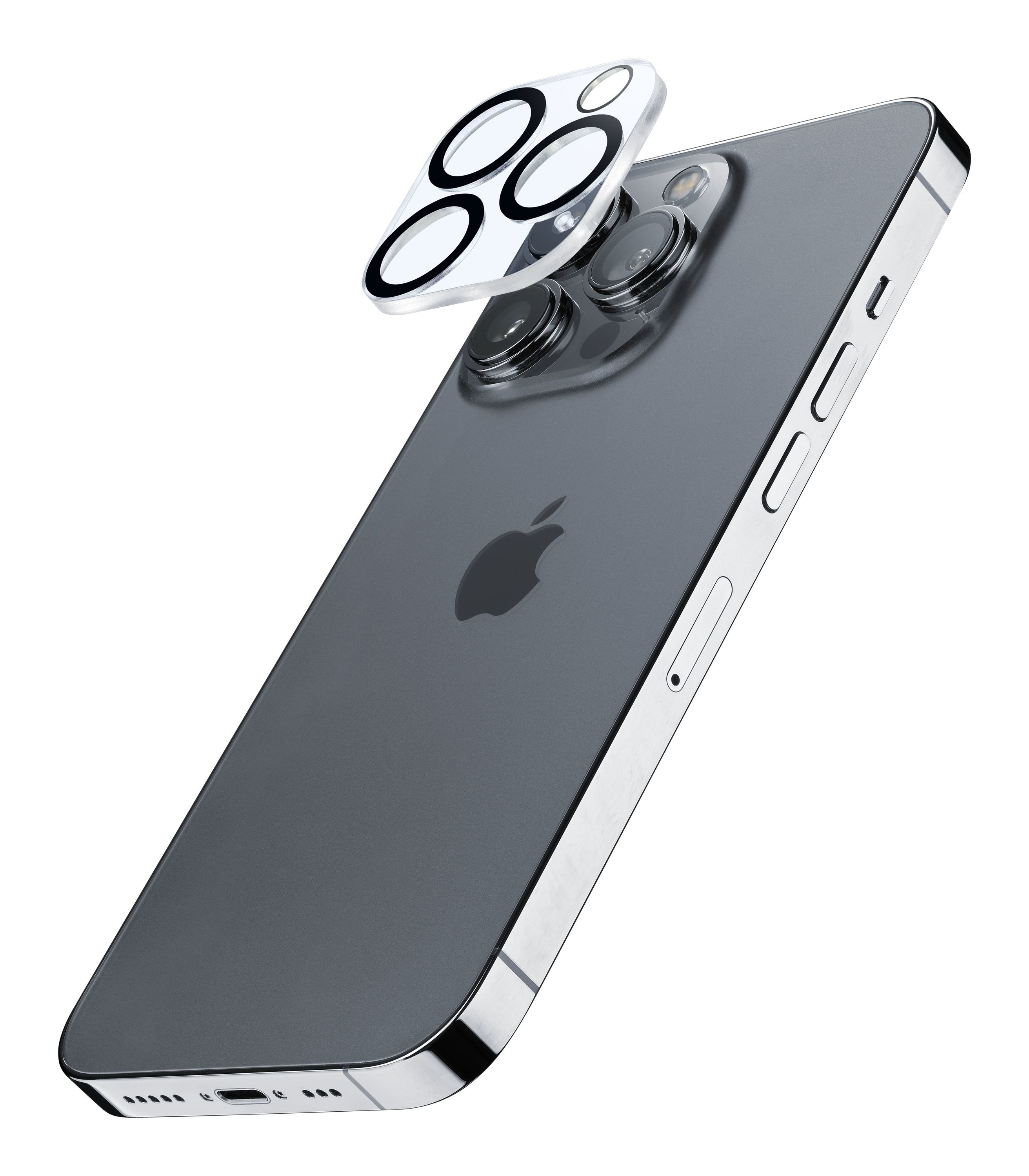 iPhone z osłonami obiektywu aparatu, z widocznym logo Apple. Ochraniacze są przezroczyste.