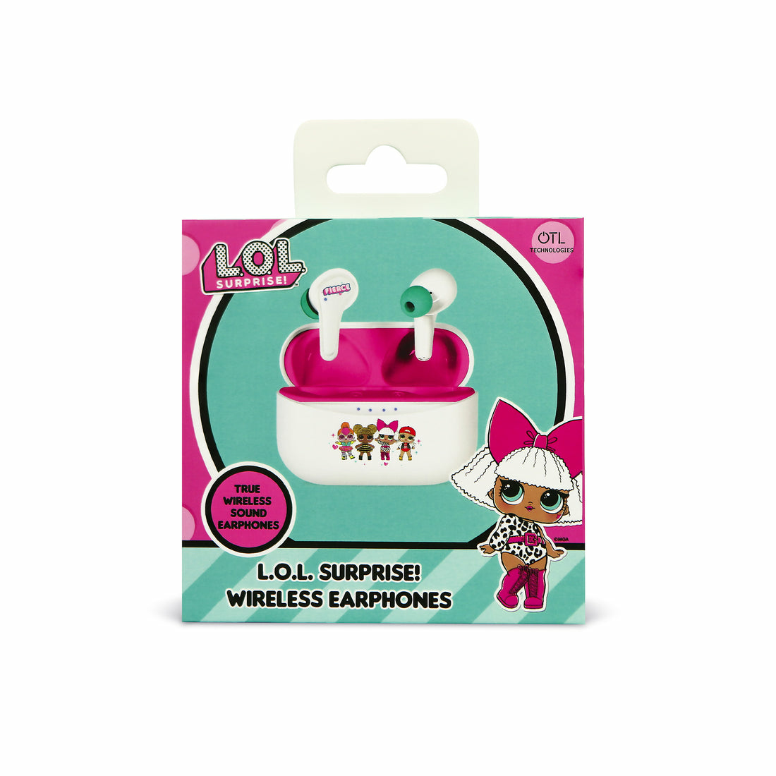 Pudełko słuchawek bezprzewodowych L.O.L. Surprise!. Pudełko jest różowe, białe i ma na sobie lalkę.