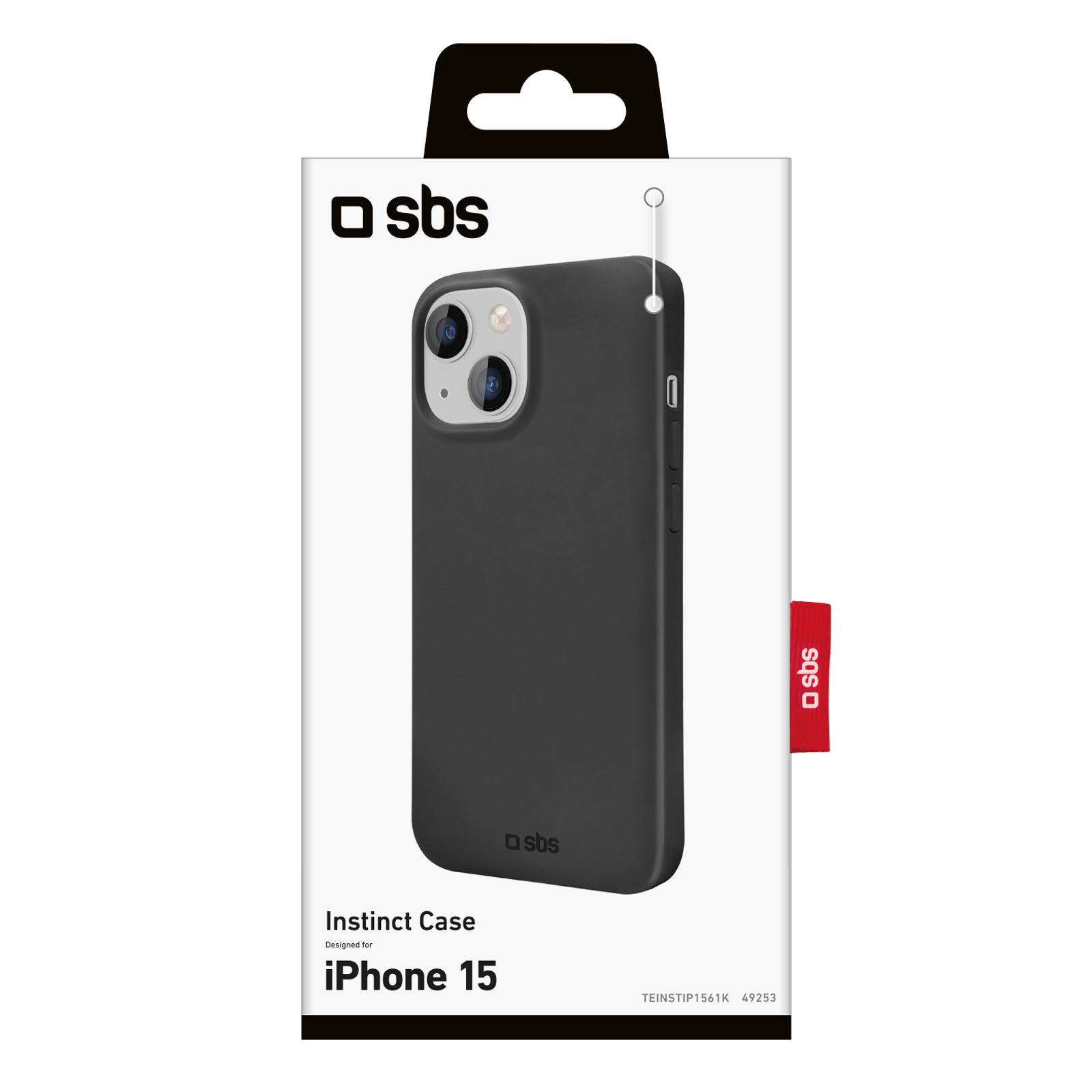 Una custodia Instinct nera per iPhone 15. La custodia è su una confezione con il logo SBS.