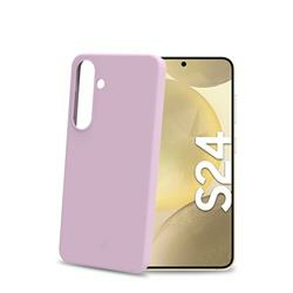 Custodia per telefono viola e un cellulare. La custodia è davanti al telefono.