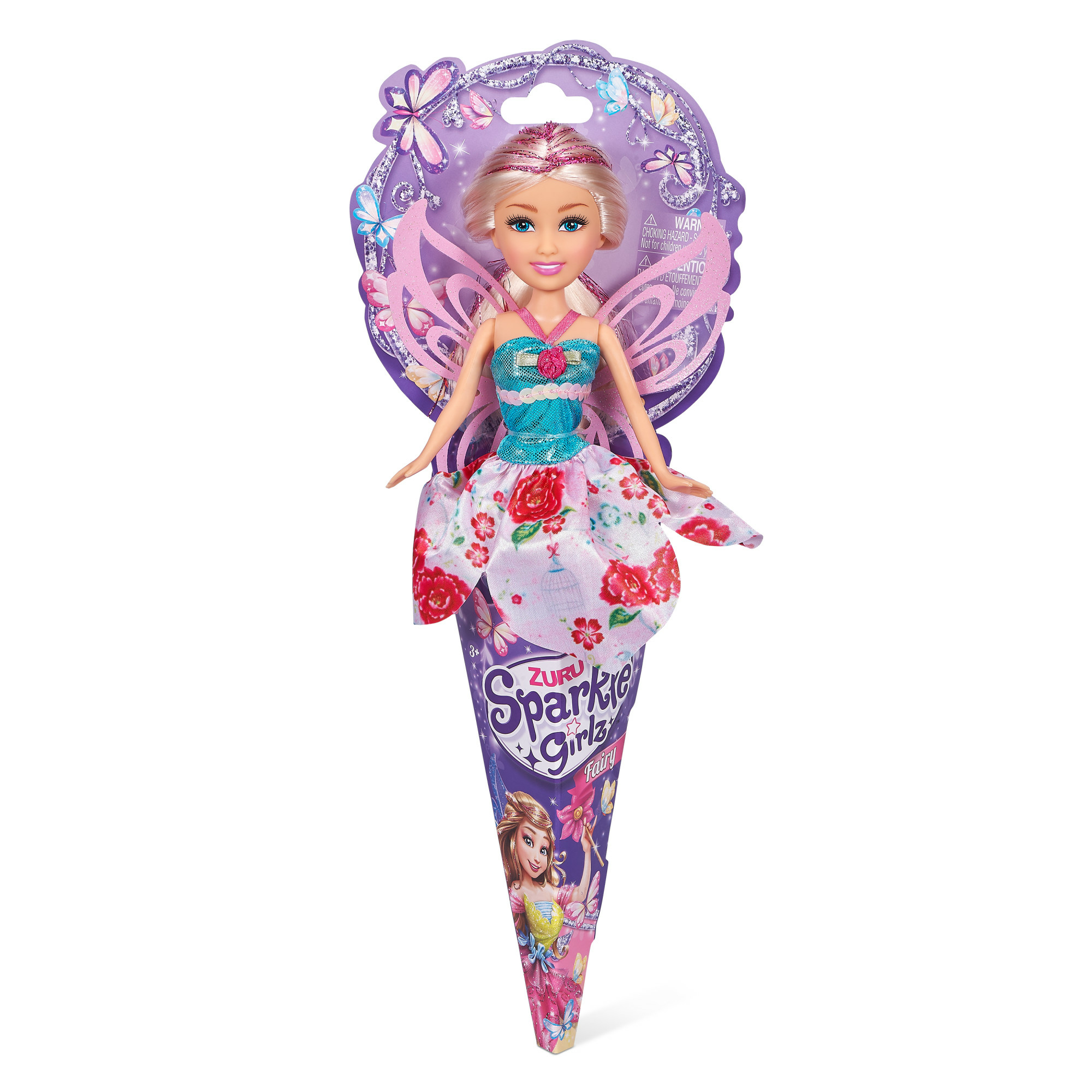 Eine Feenpuppe in einer kegelförmigen Verpackung. Sie hat rosa Haare, ein blaues Kleid und Flügel.