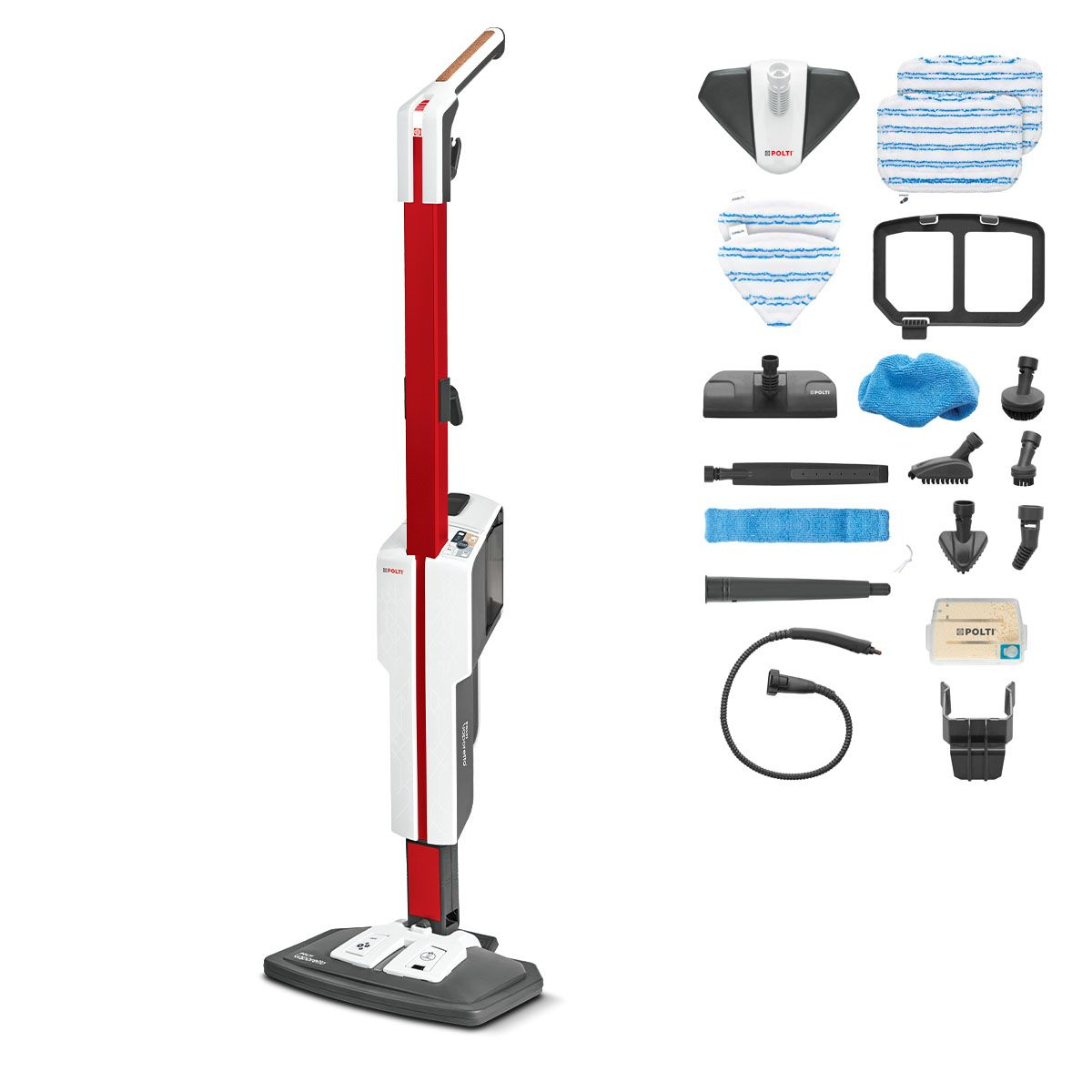 Czerwono-biały mop parowy z akcesoriami na białym tle.